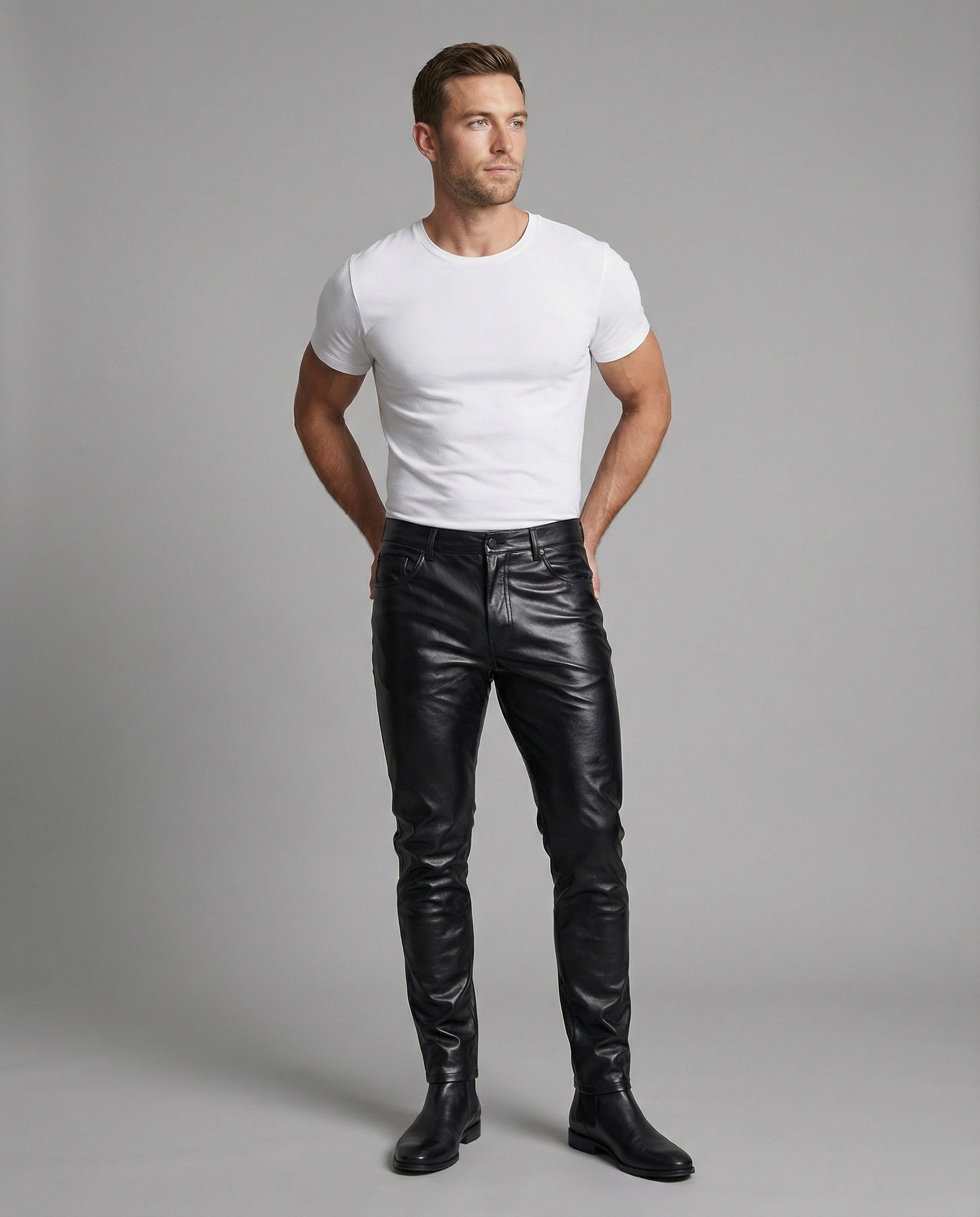 Men's Faux Leather Pants Slim Fit with Quilted Details
