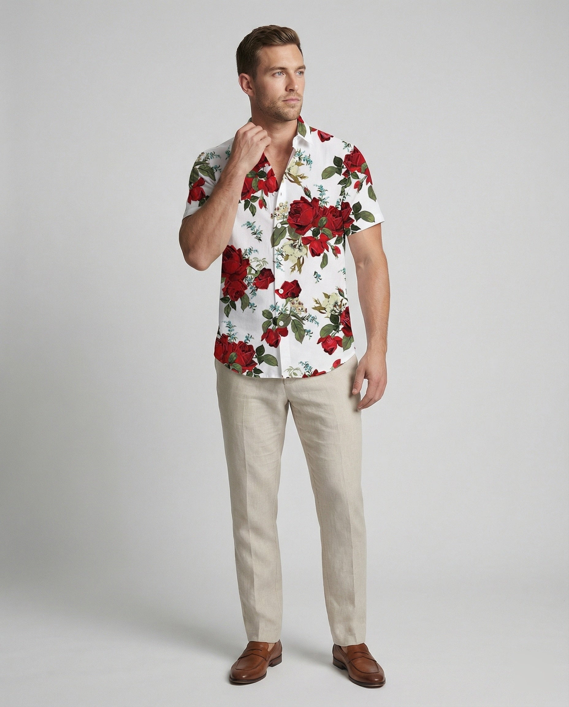 Short sleeve shirt men floral pattern linen look