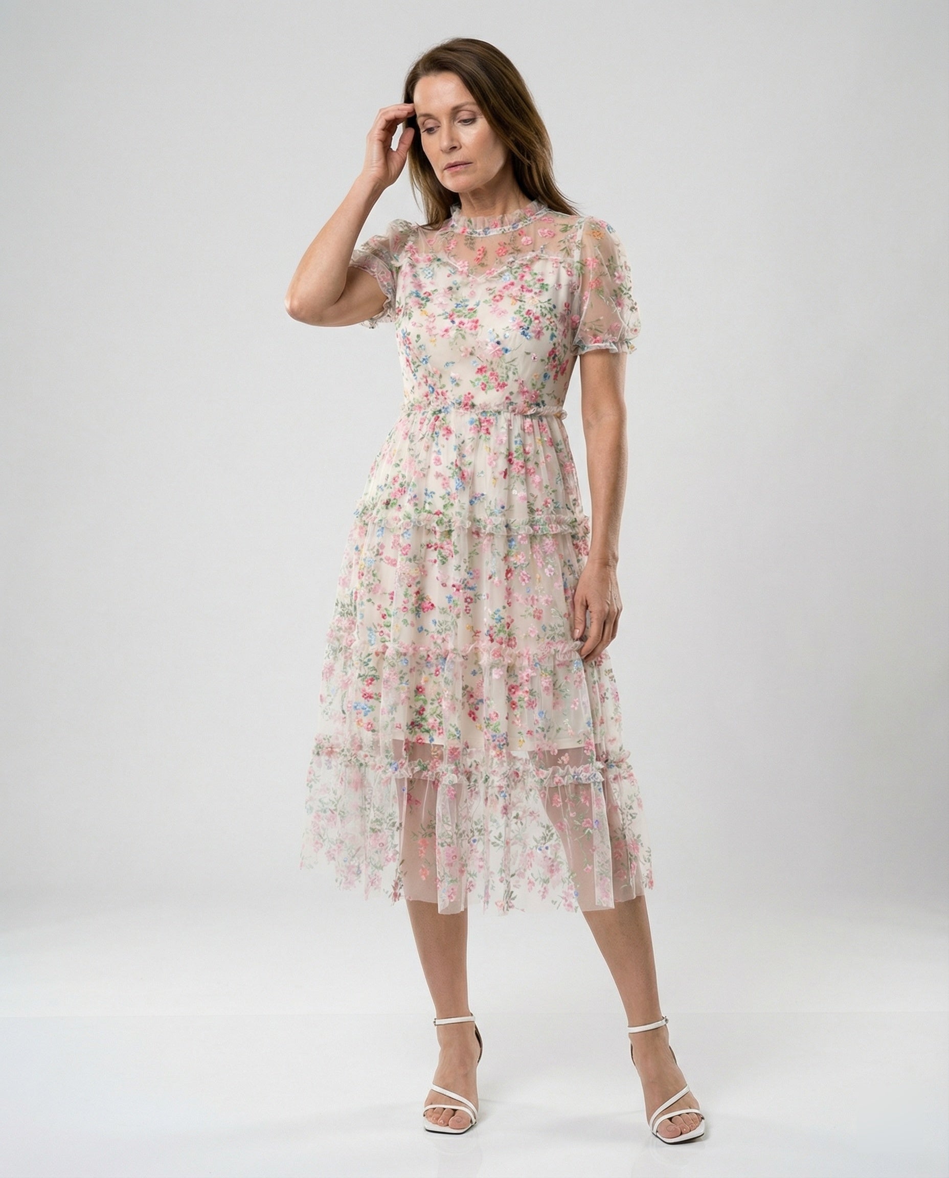 Women Tulle Midi Dress with Lace Elegant