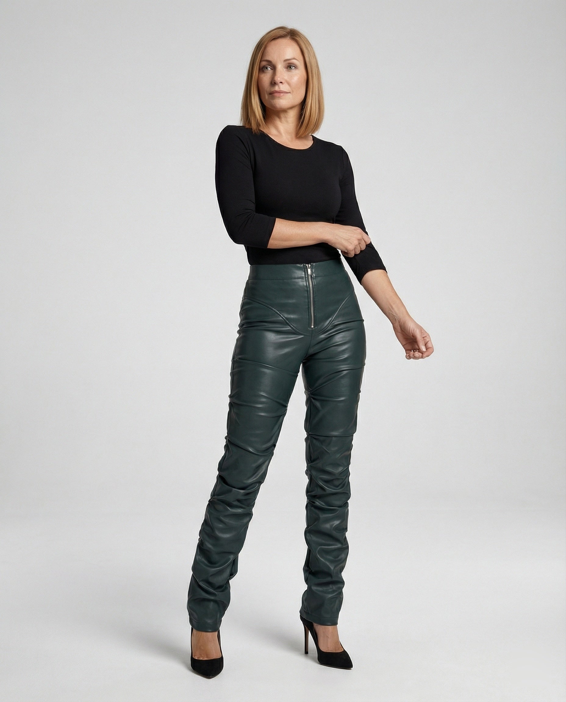 Ladies High-Waist Faux Leather Pants with Wide Leg