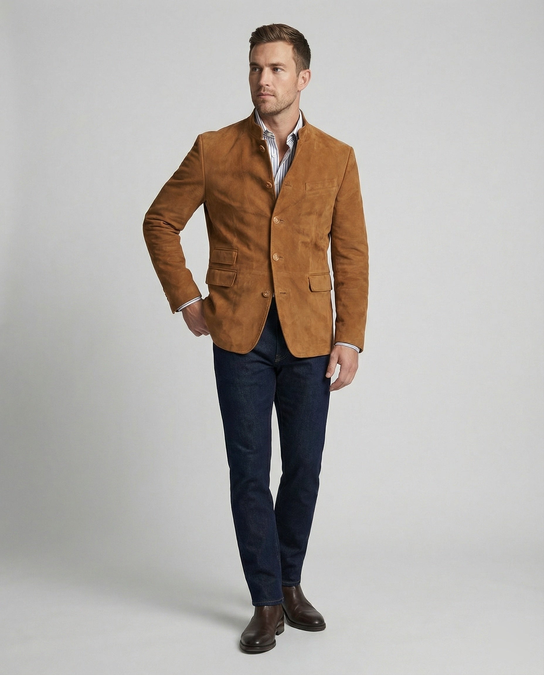Men's Blazer Leather Look with Stand-Up Collar