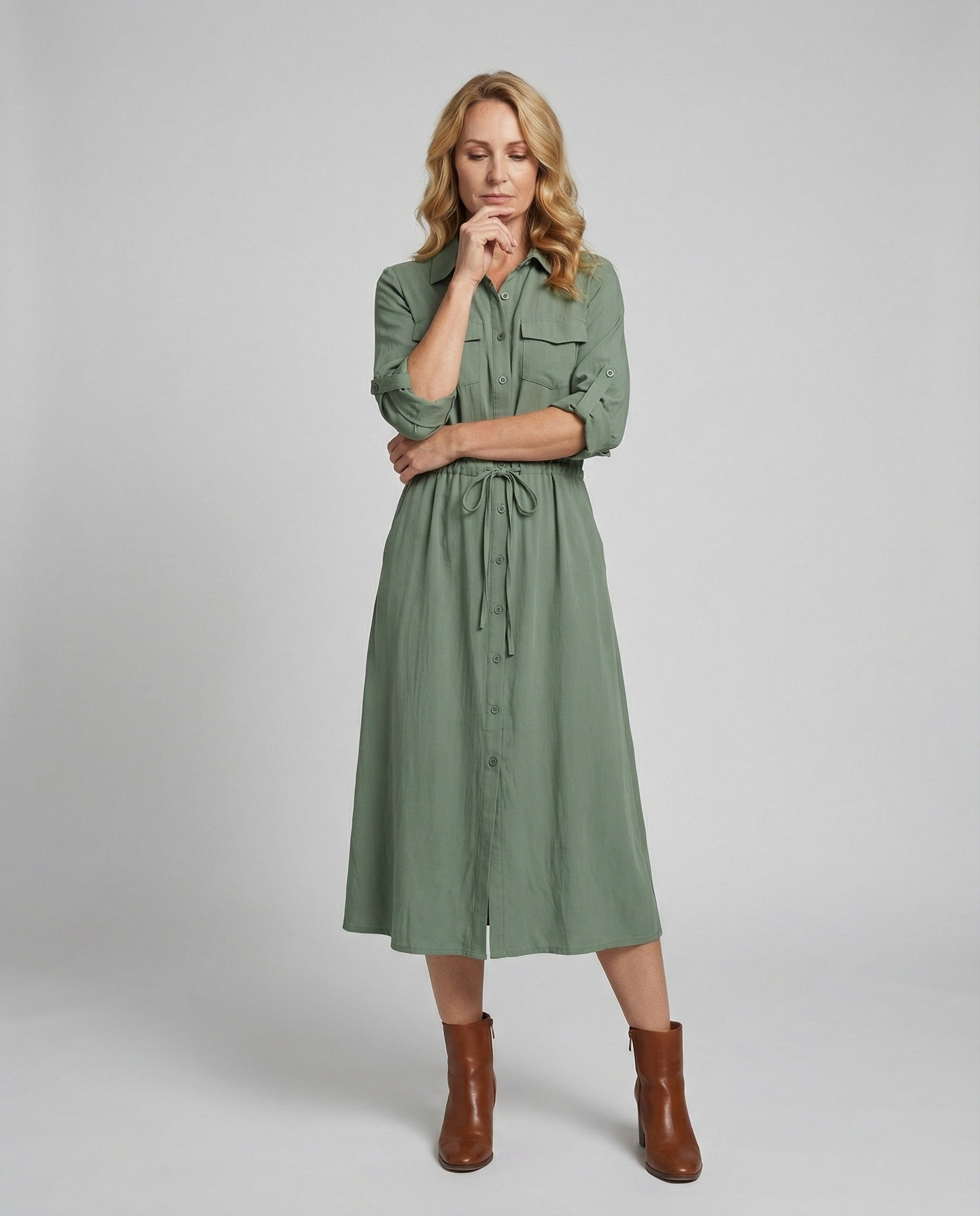 Women's shirt dress with drawstring