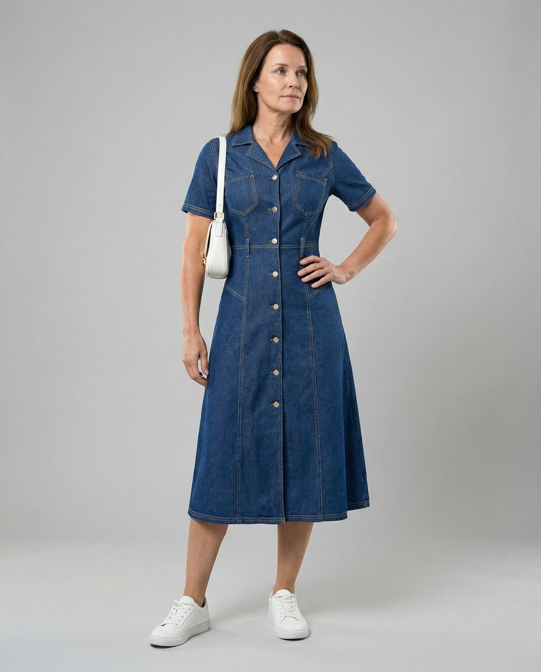Ladies Midi Denim Dress with Button Placket