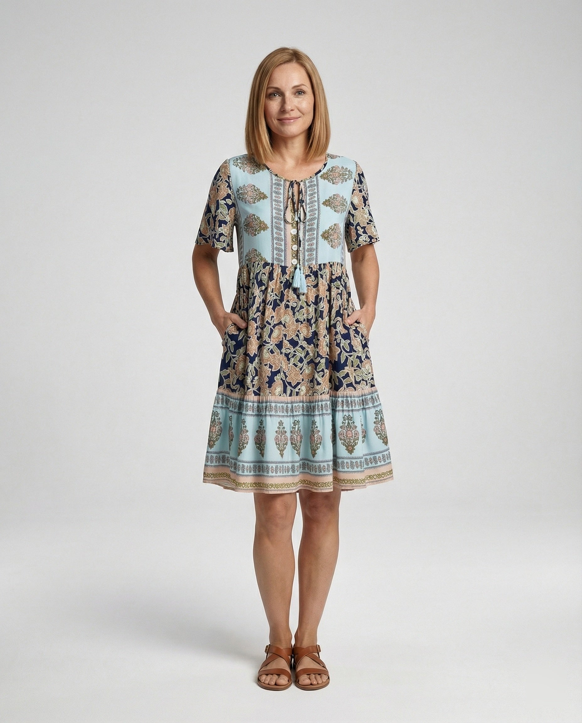 Ladies Boho Midi Dress A-Line with Trim