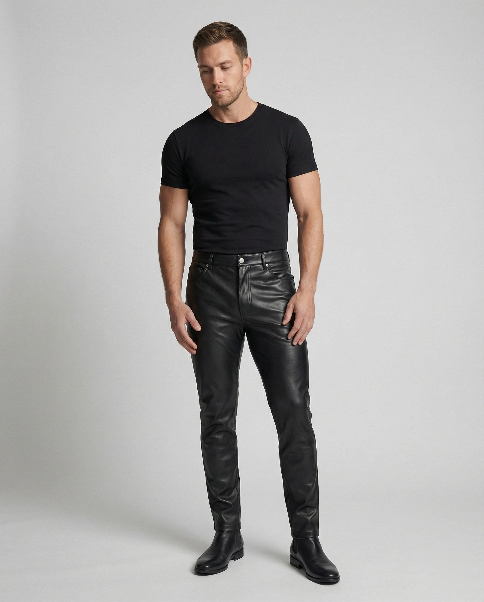 Men's Faux Leather Pants Slim Fit with Pockets