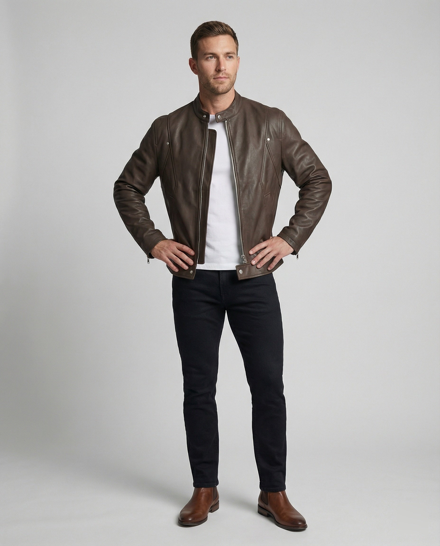 Men's Bomber Leather Jacket Stand Collar