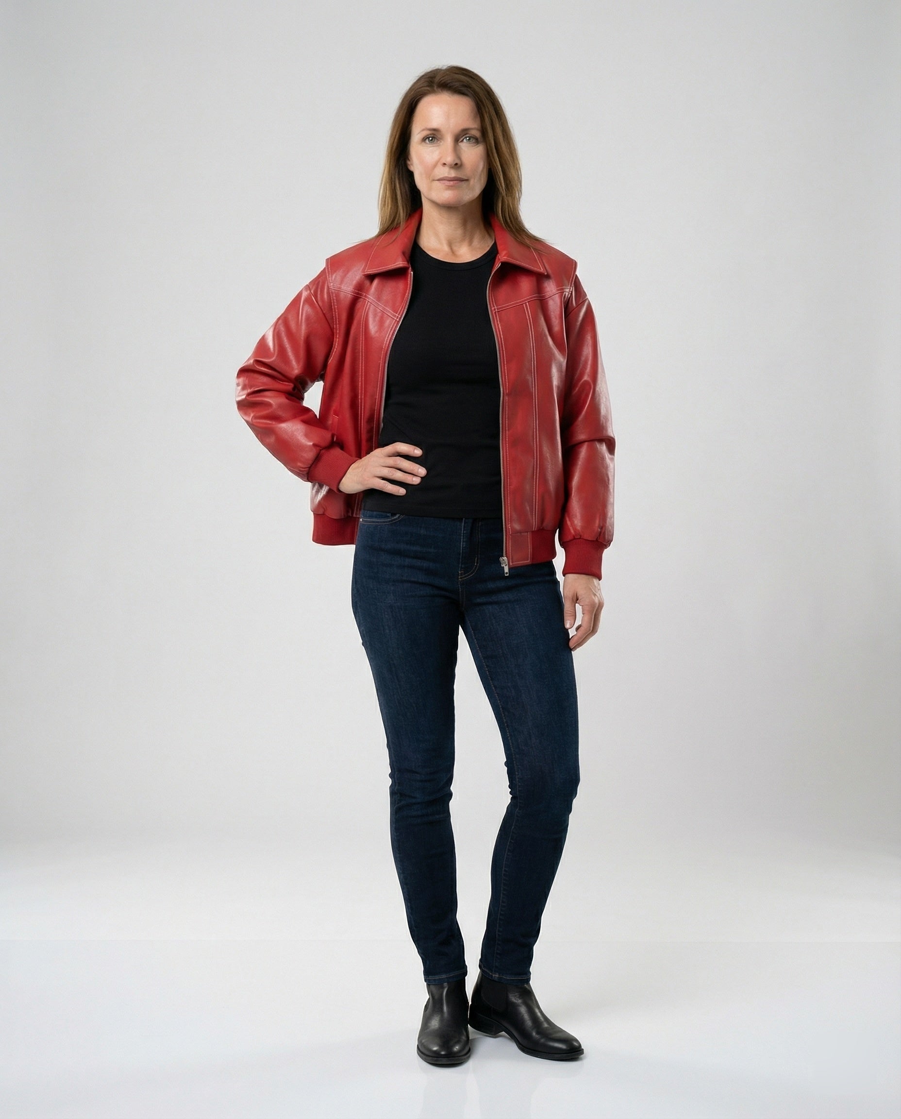 Women's elegant faux leather jacket with high collar
