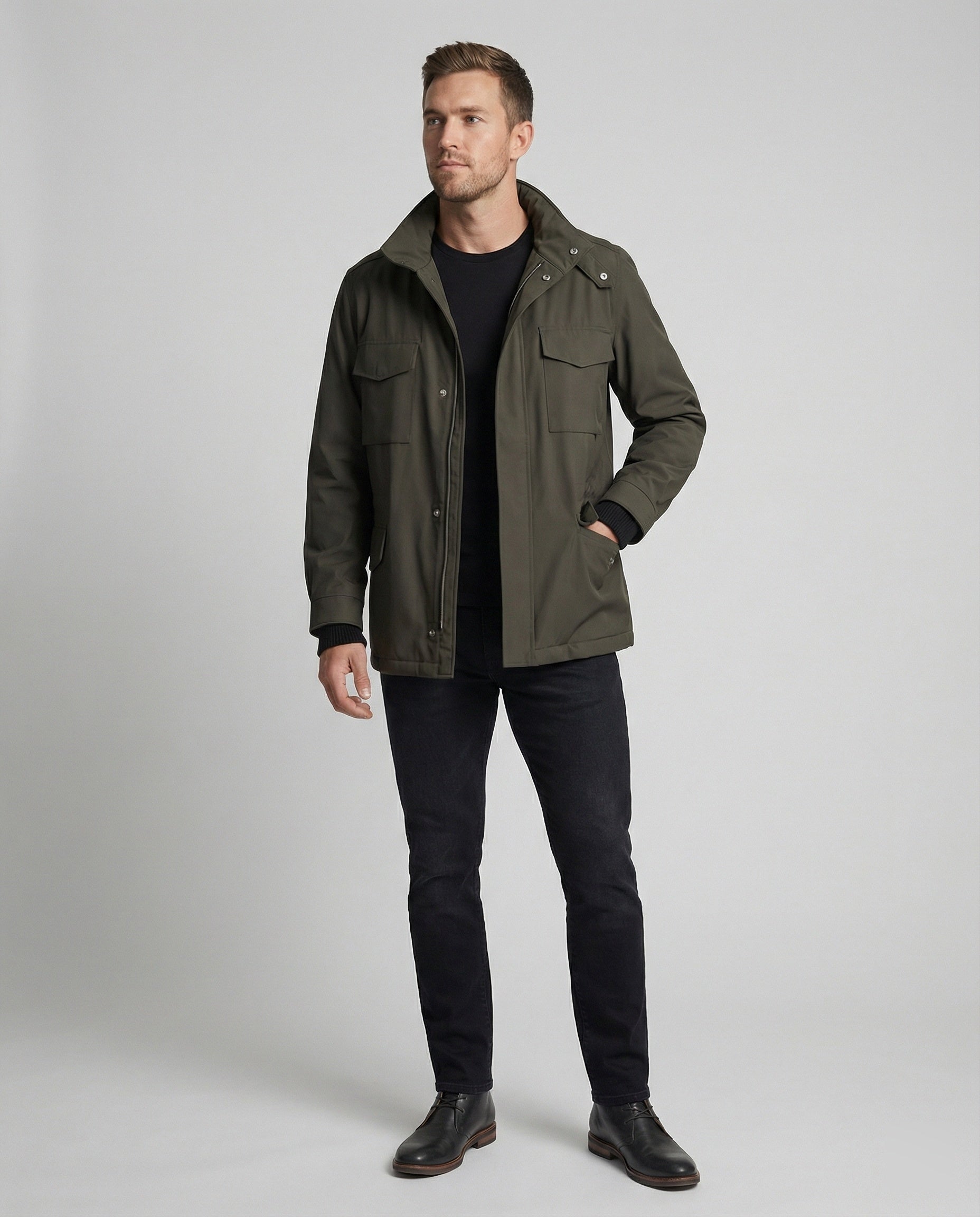 Men's utility jacket with high collar