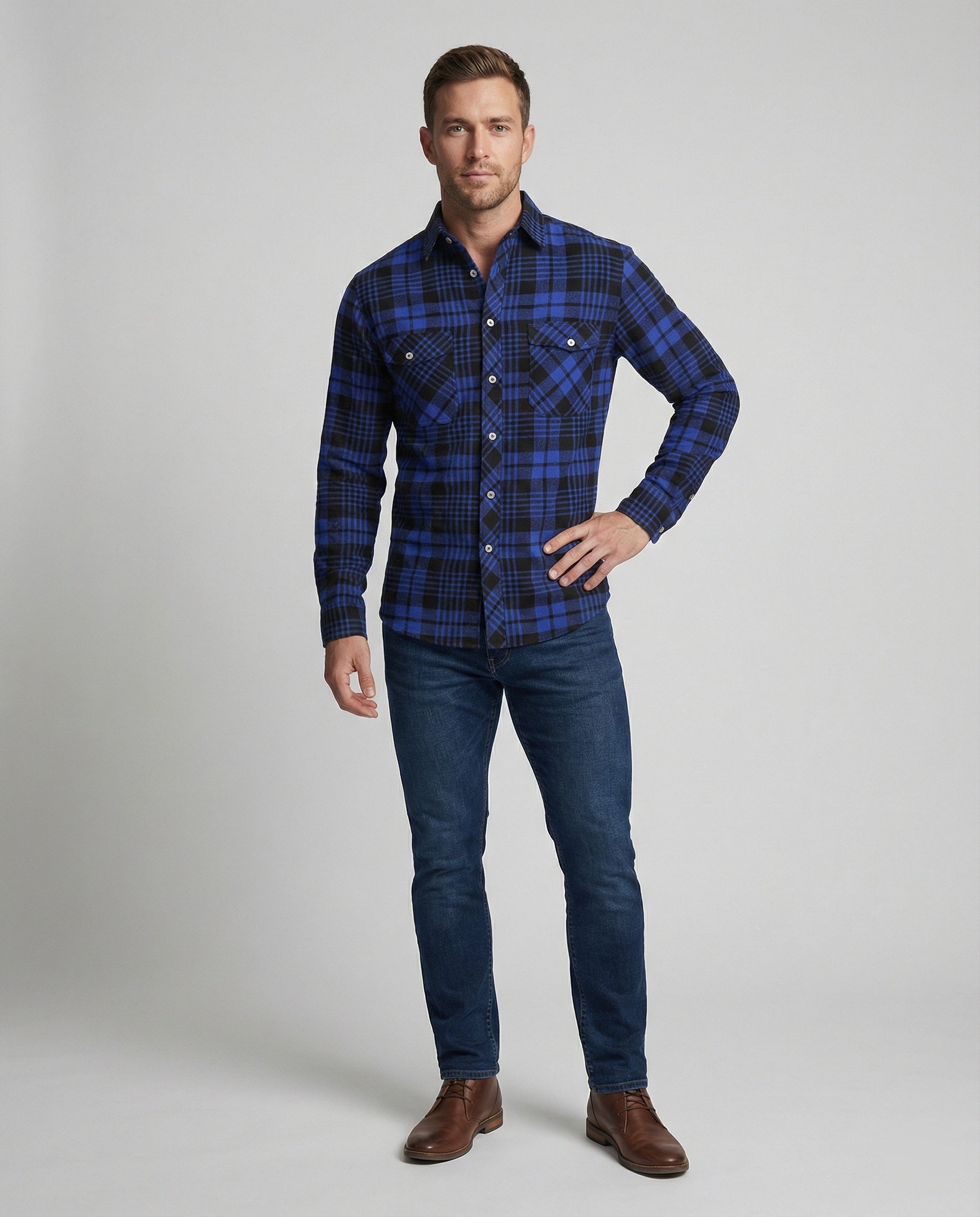 Men's Long Sleeve Shirt Checked with Kent Collar