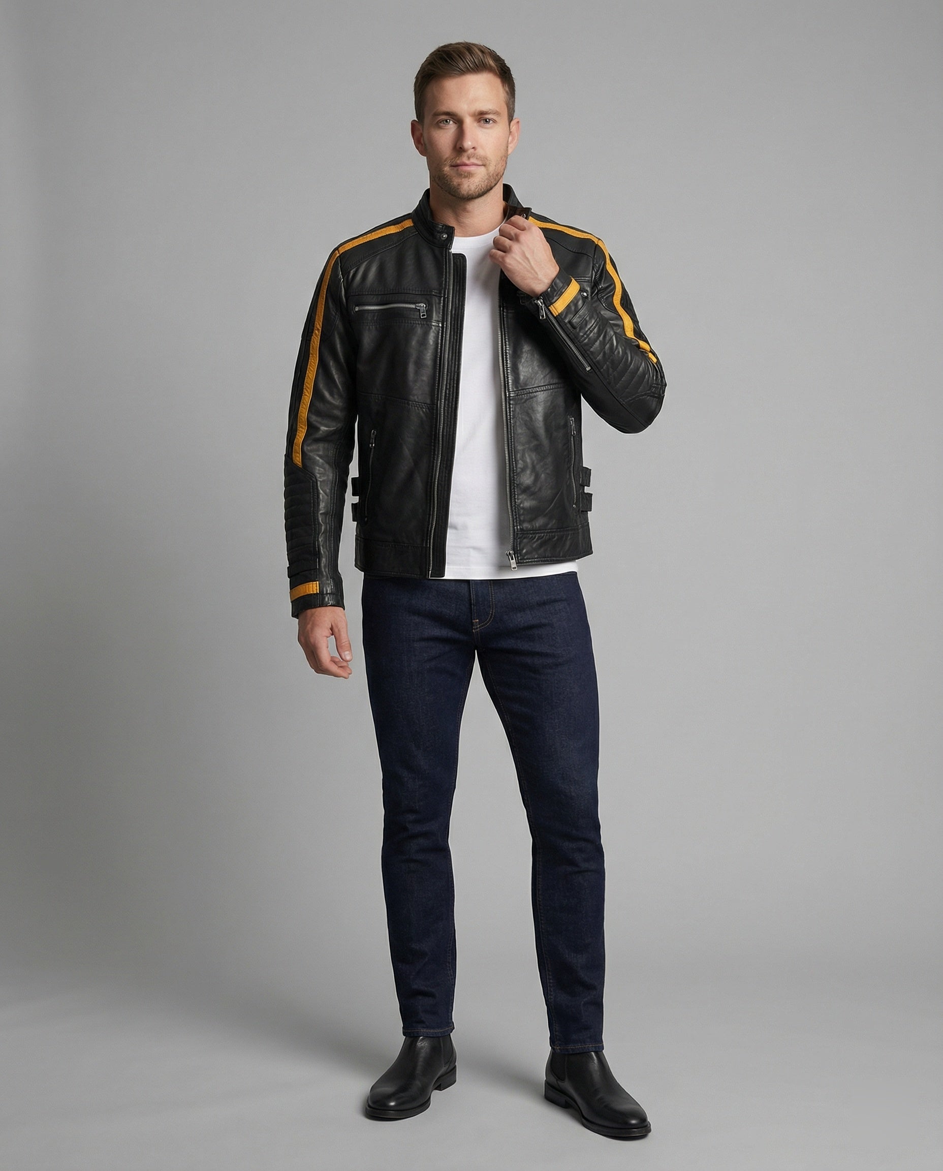 Men's Motorcycle Leather Jacket Stand Collar