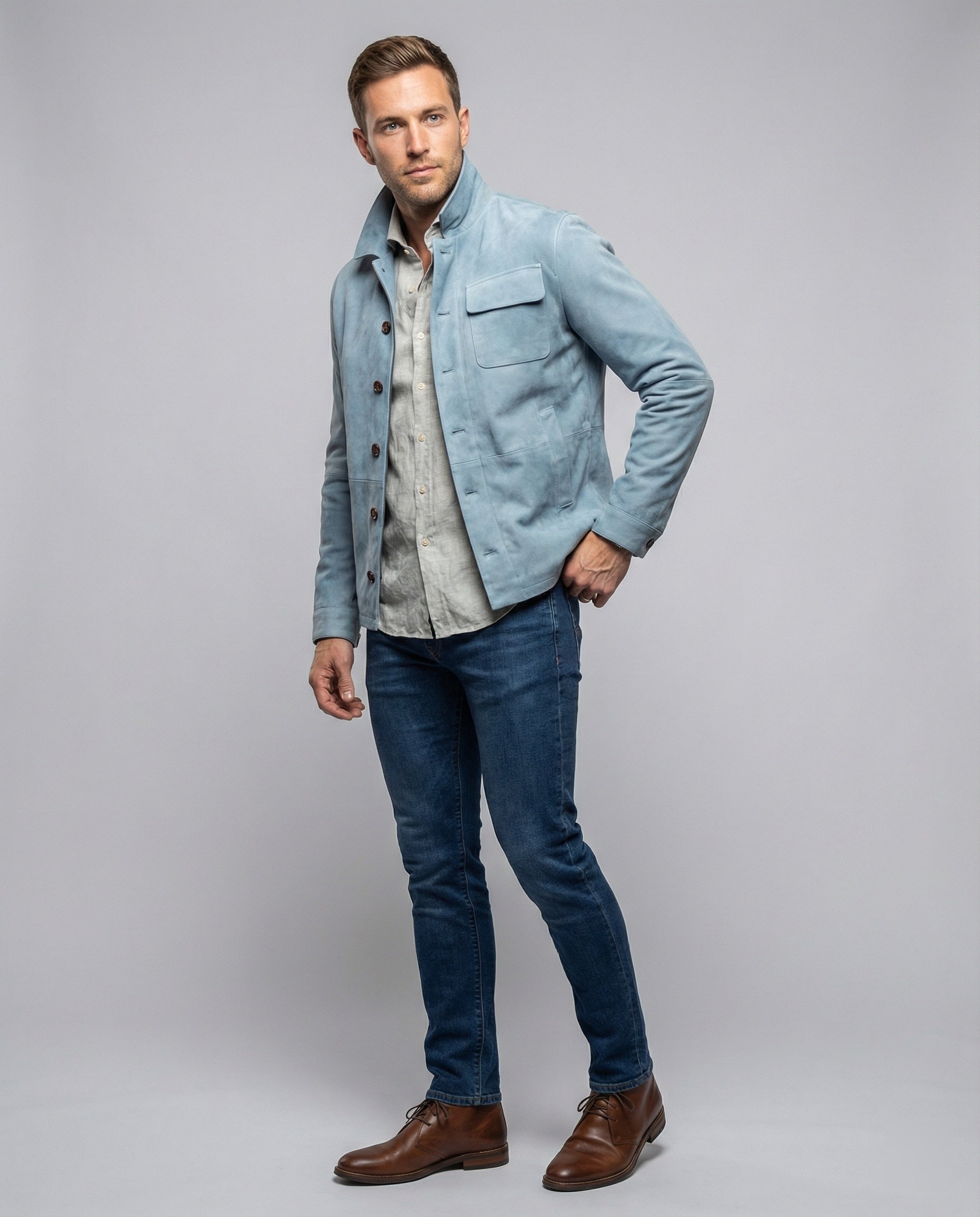 Men's casual suede jacket with practical collar