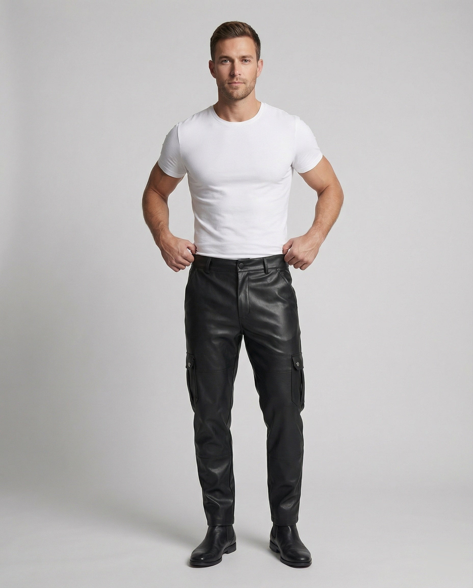 Men's Faux Leather Cargo Pants with Side Pockets