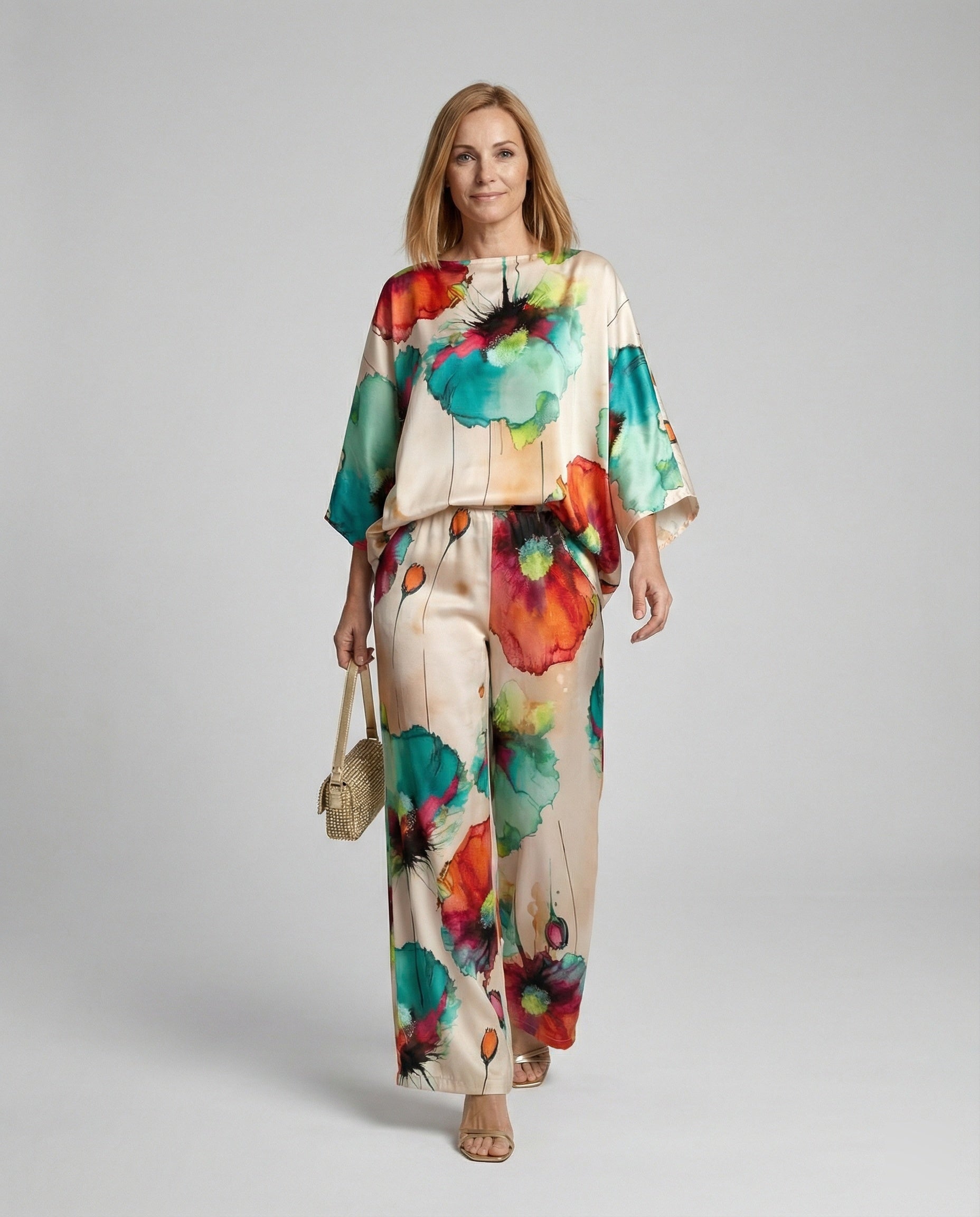Ladies Two-Piece Set Satin Kimono
