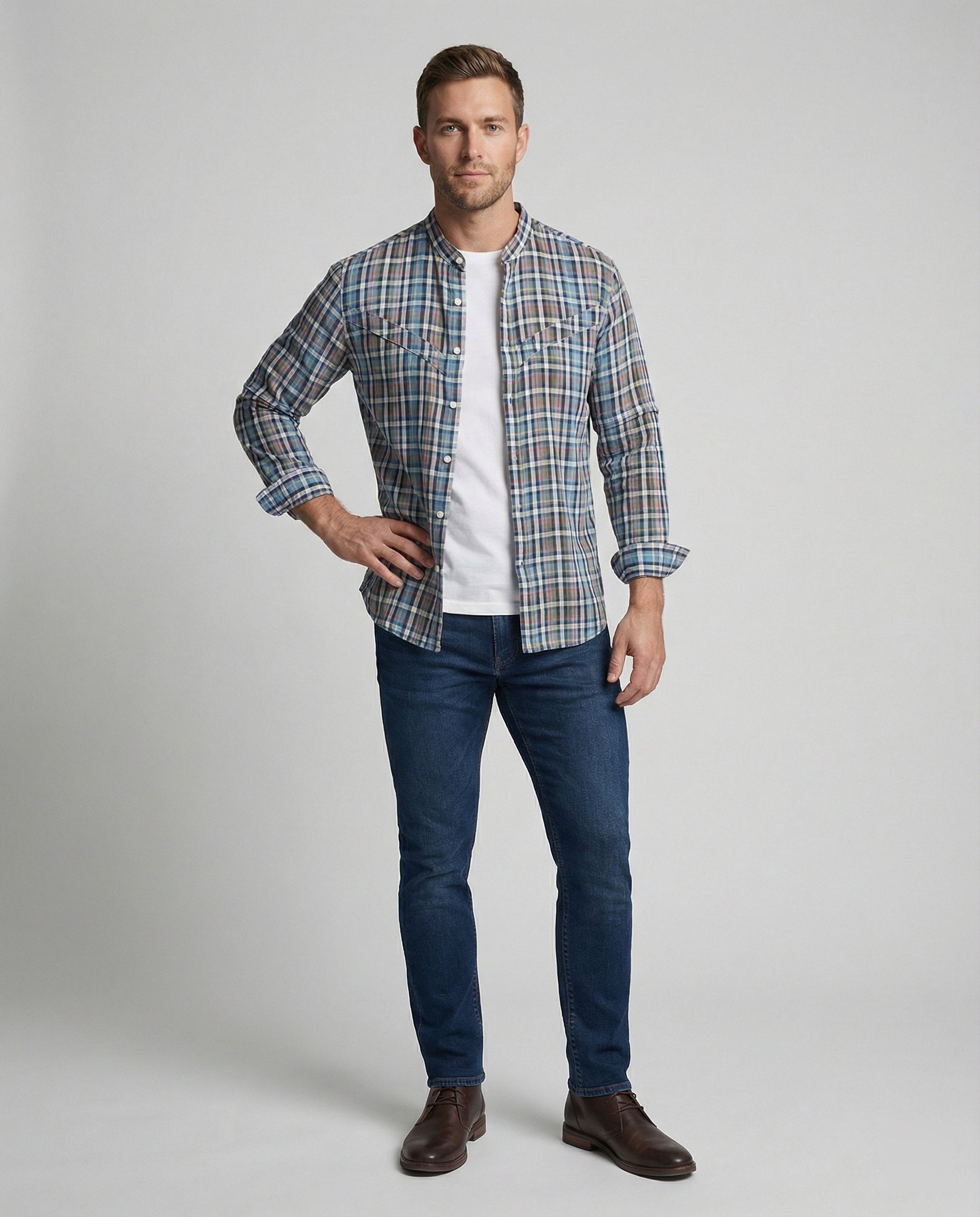 Men's Long Sleeve Shirt Checked Stand Collar