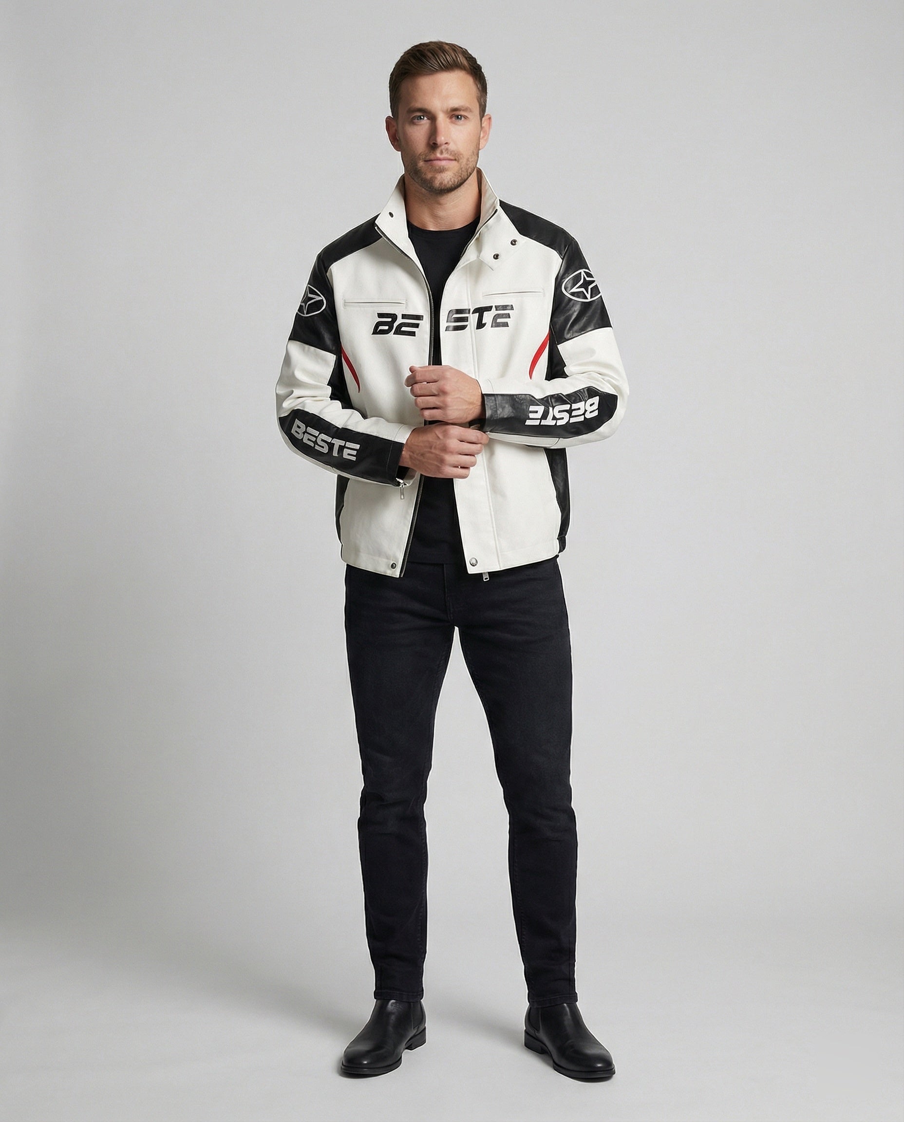 Men's Racing Biker Jacket Faux Leather