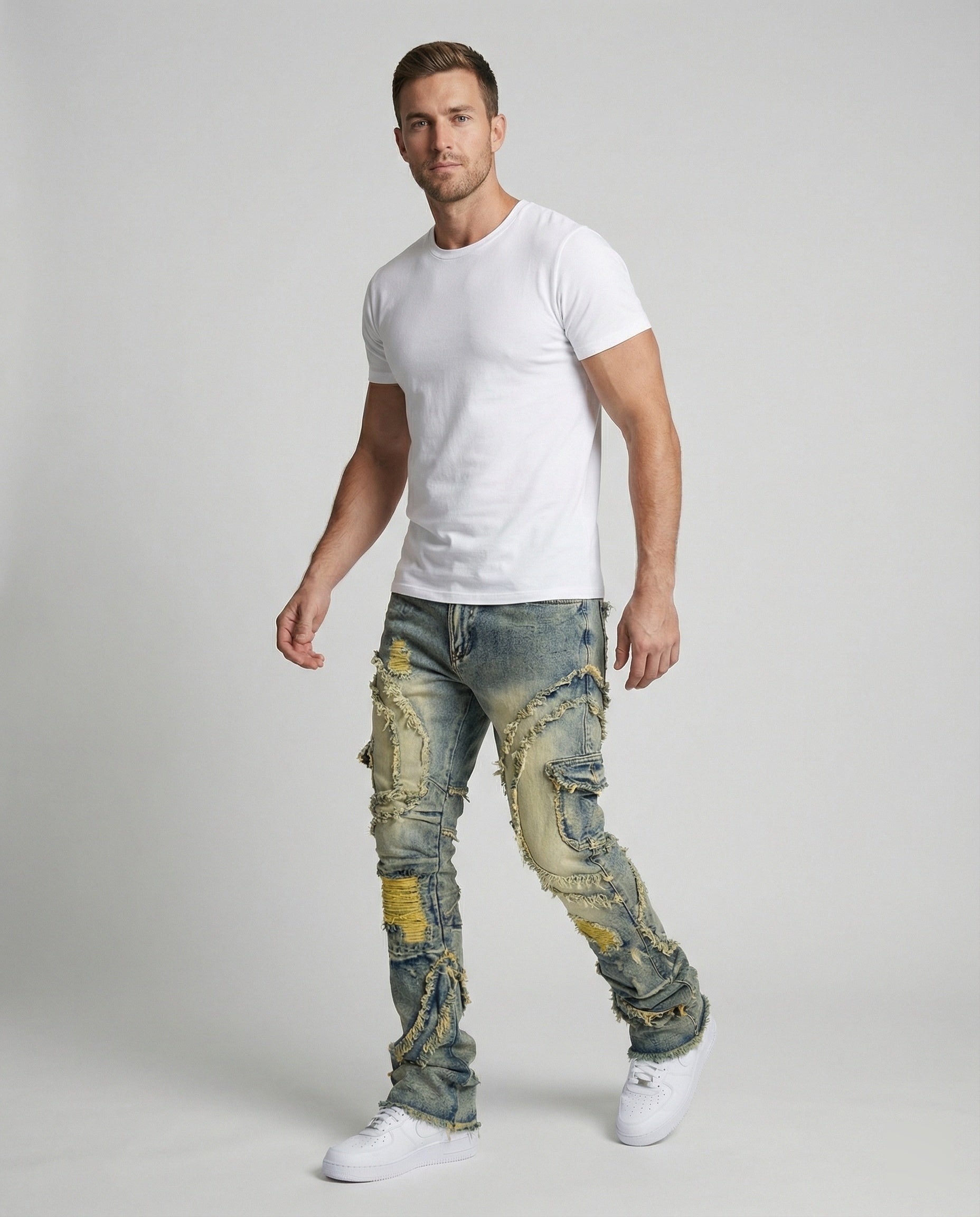 Men's Destroyed Jeans with Cargo Pockets