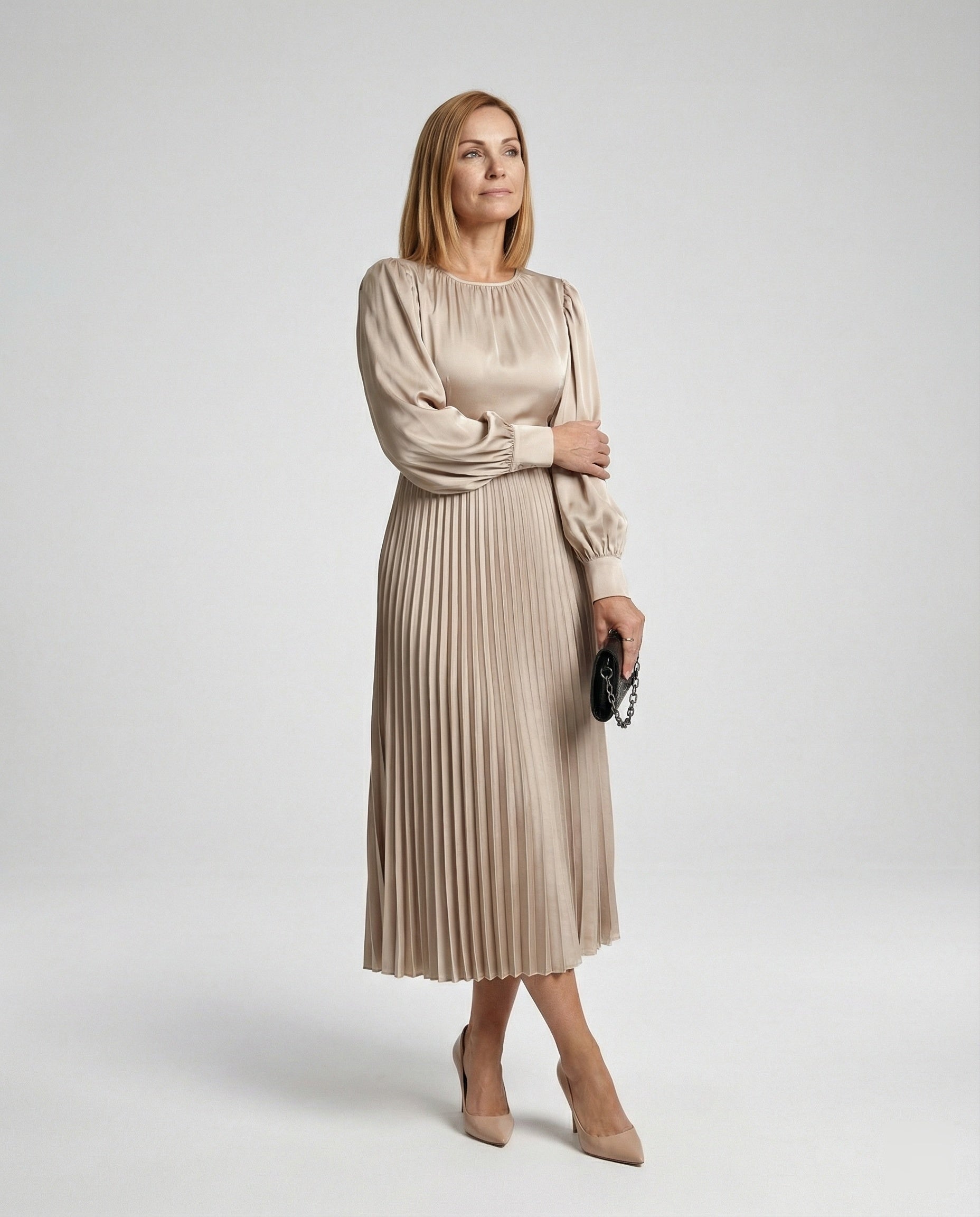 Women's Midi Dress Pleated Satin Look