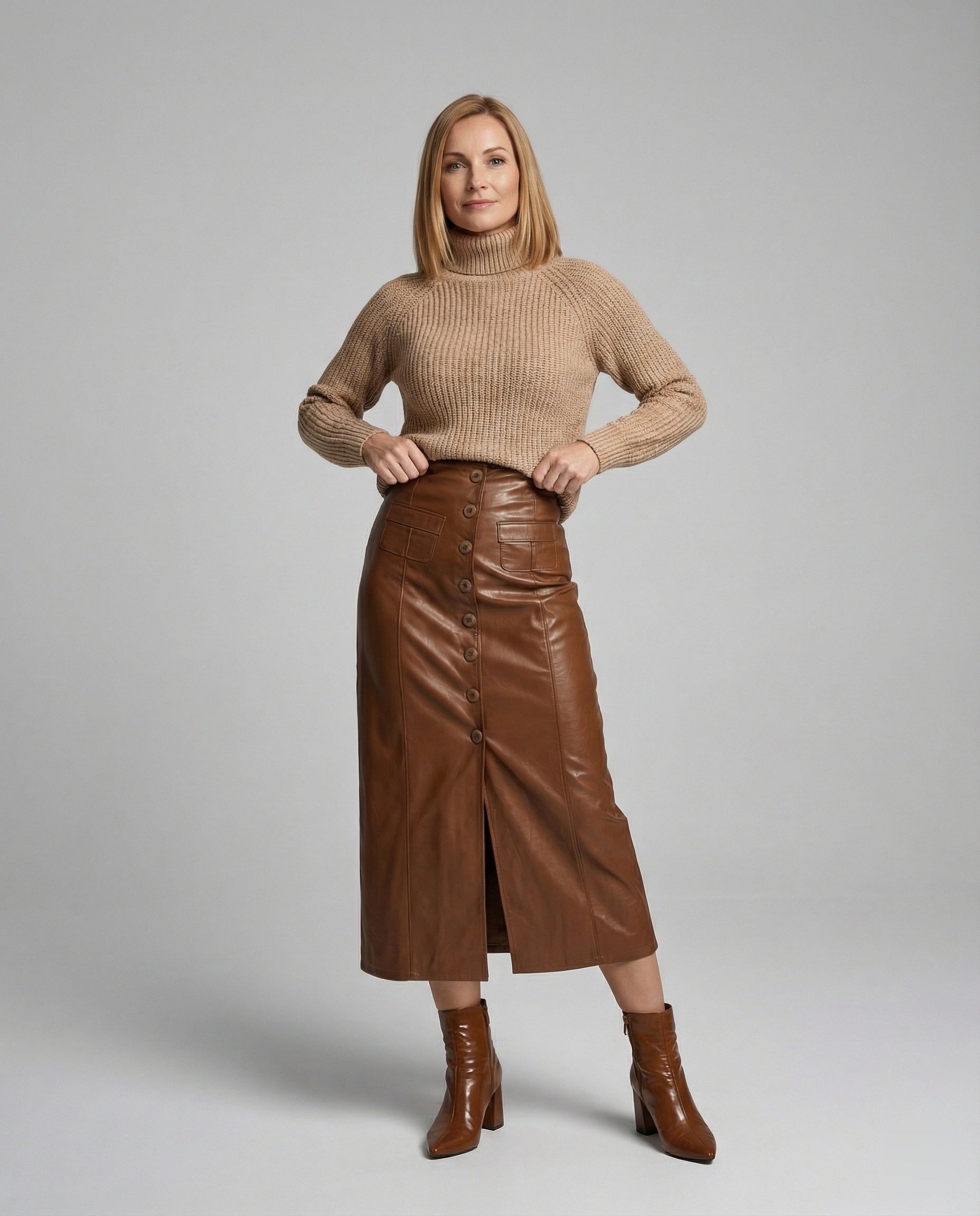 Ladies long leather skirt with button placket