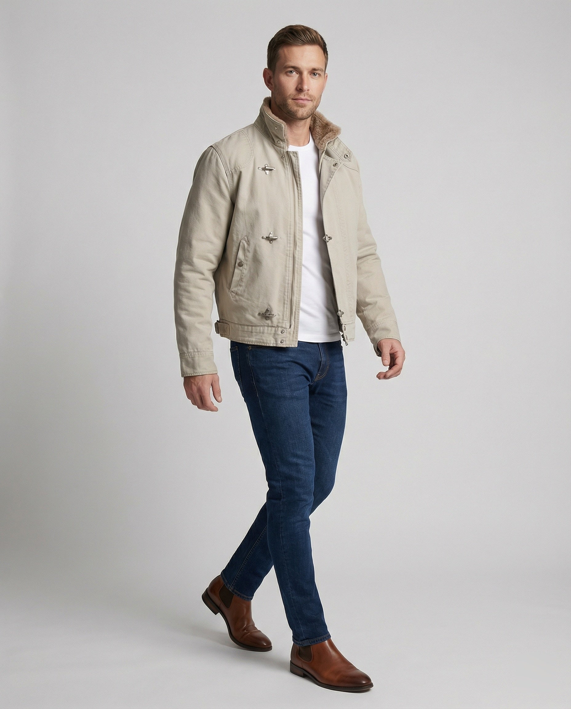 Men's canvas jacket with teddy collar