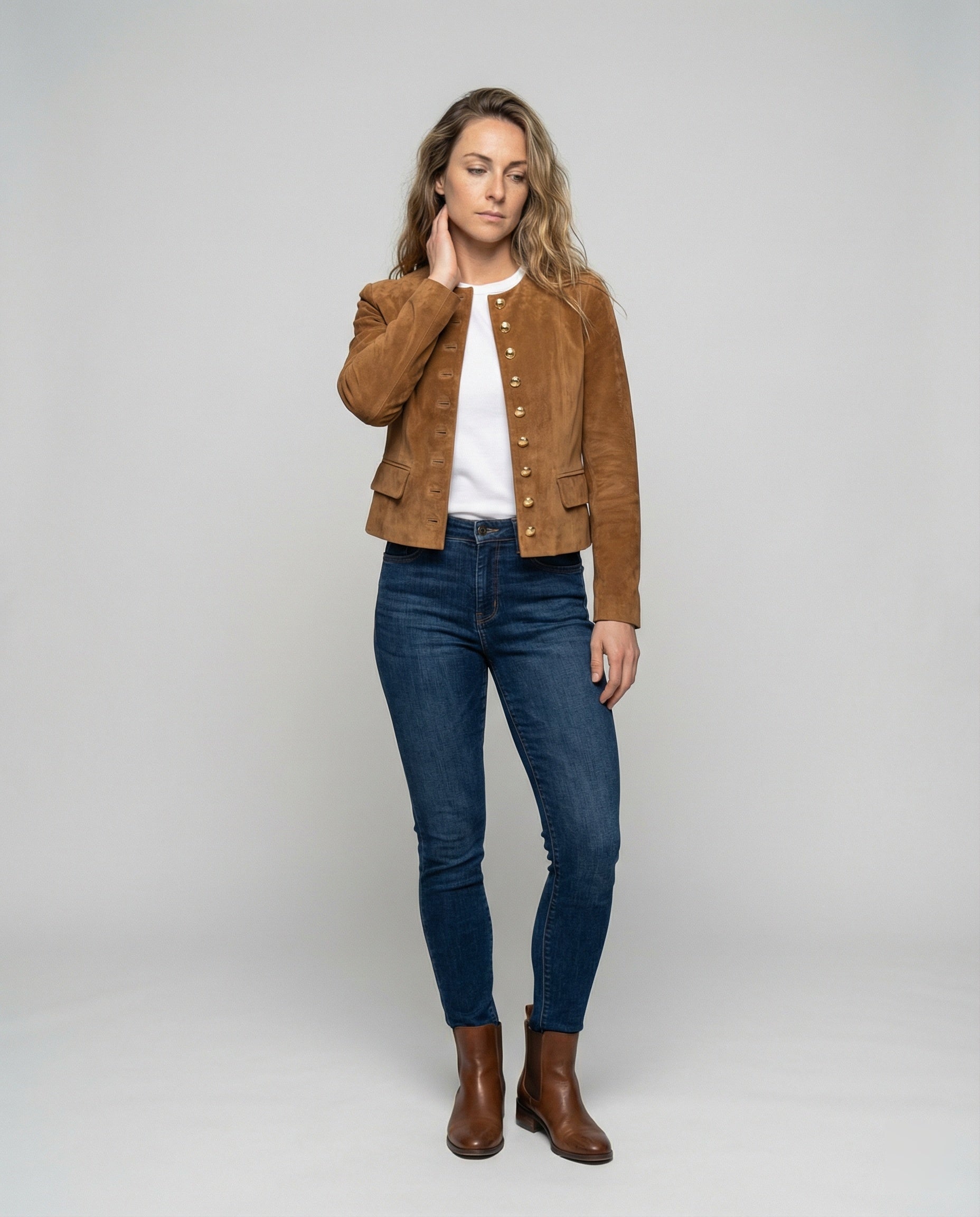 Women's suede jacket with gold buttons