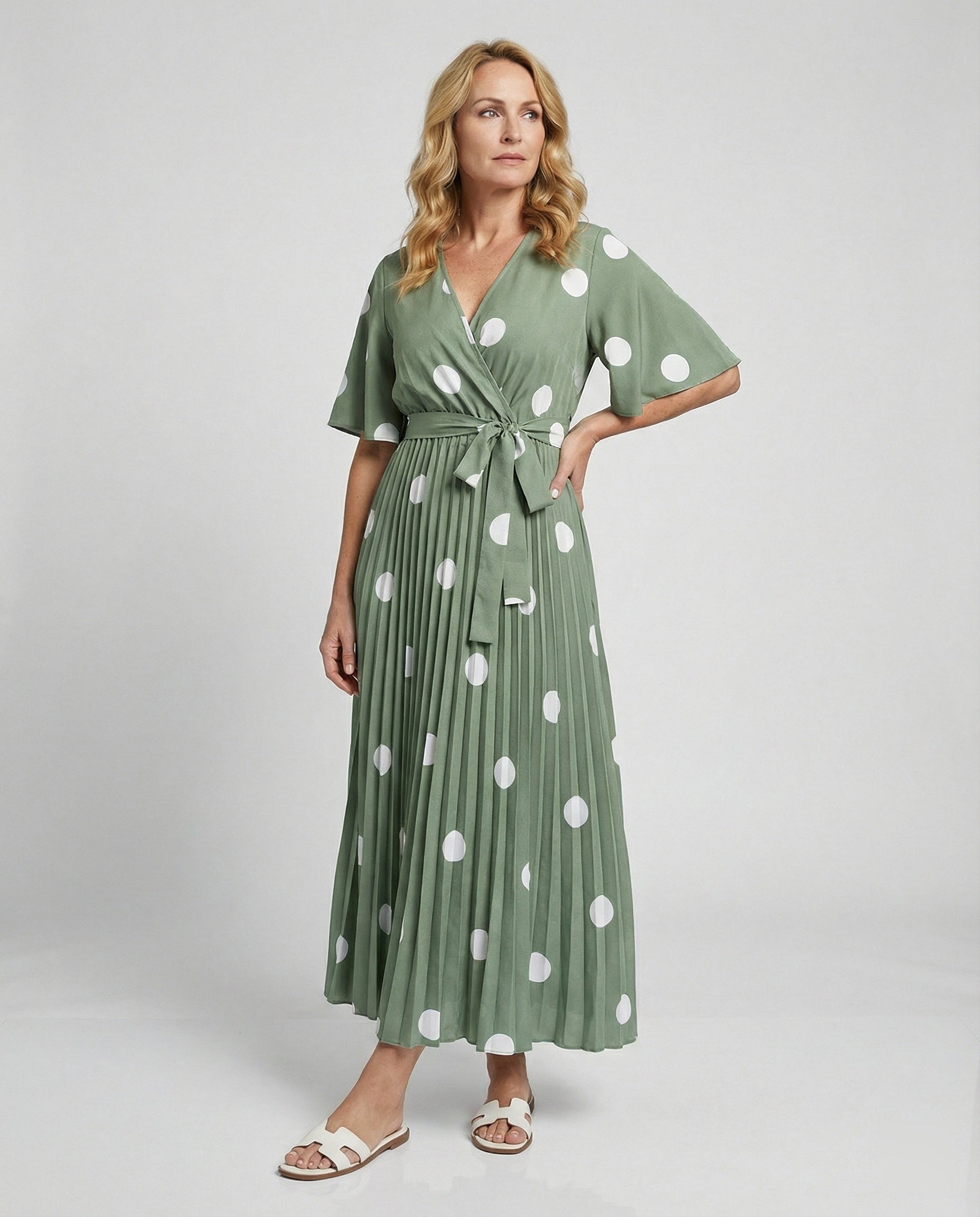 Women Wrap Dress Midi Pleated