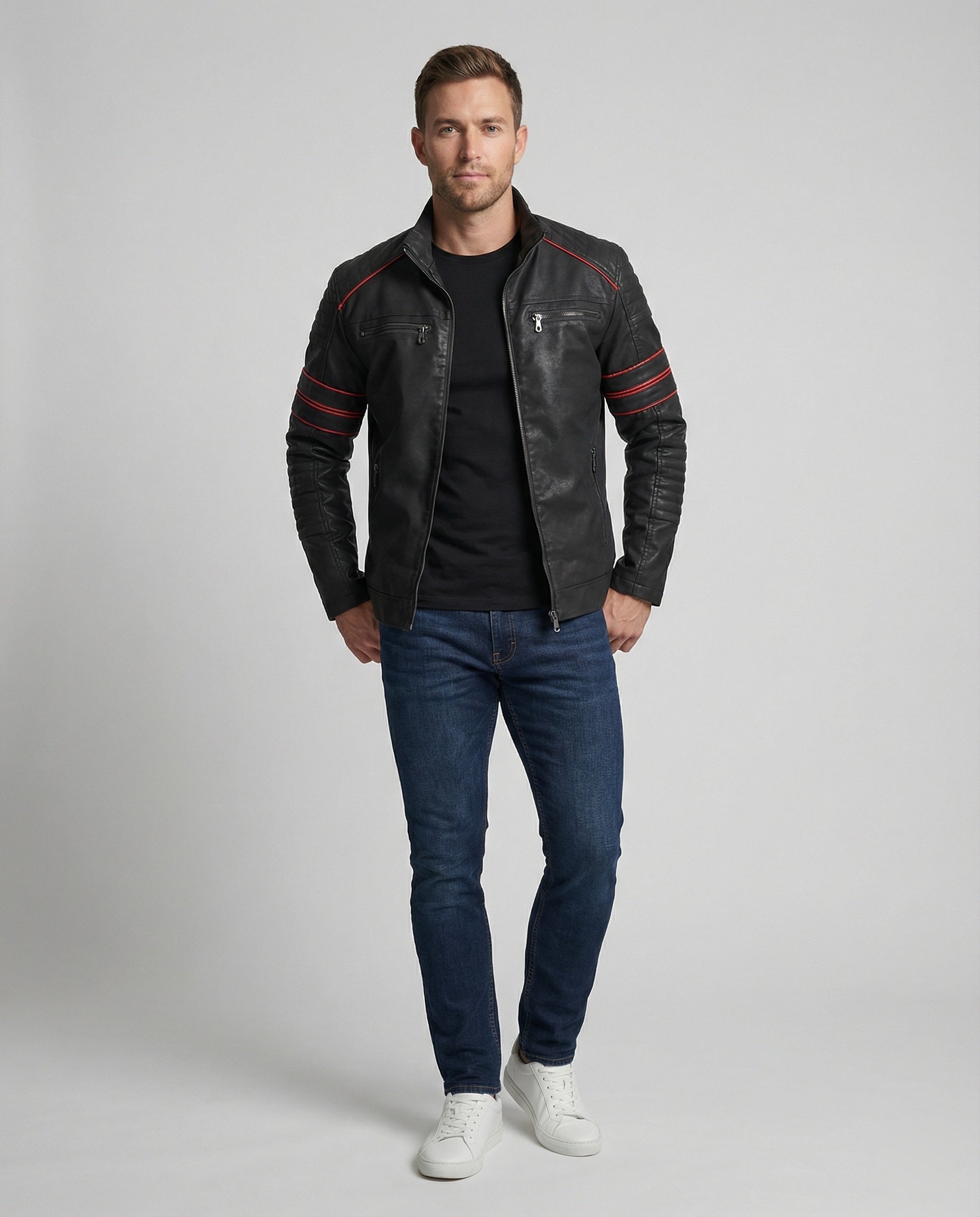 Men's Biker Leather Jacket with Quilting