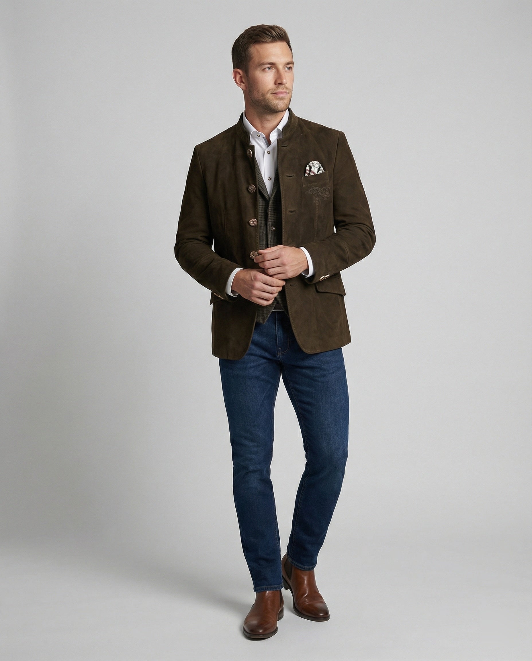 Men's suede jacket with decorative buttons