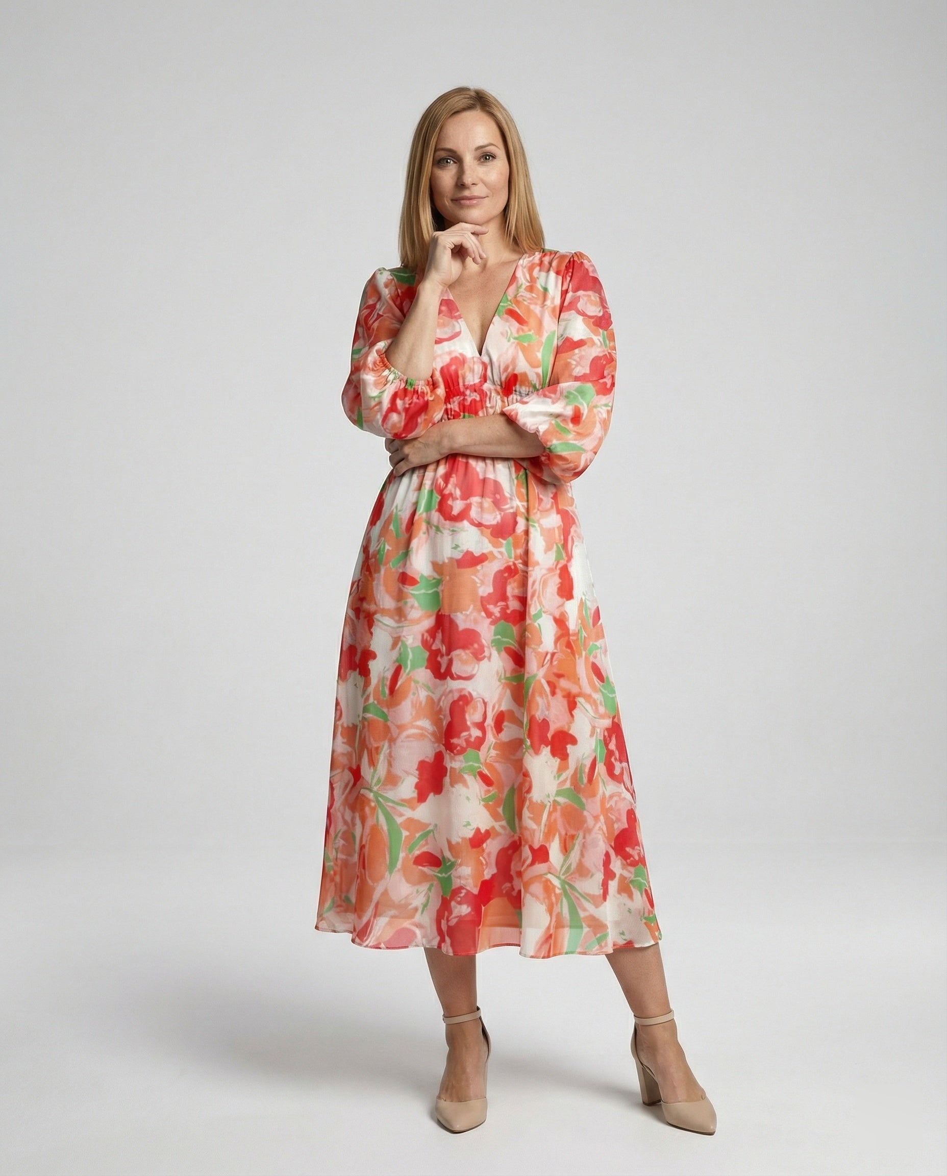 Women Midi Dress V-Neck Print