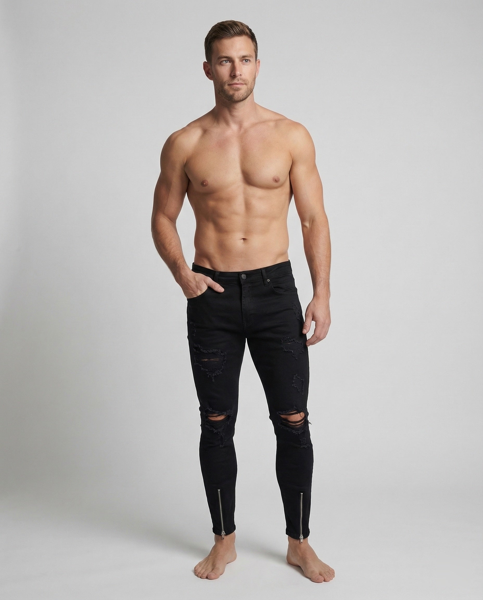 Men's Skinny Jeans with Rips & Hem Zipper