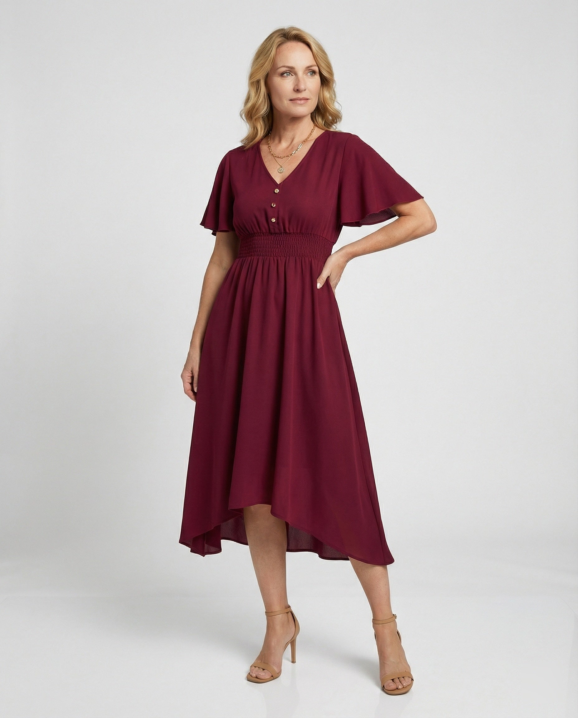 Maxi dress summer with V-neck and flutter sleeves