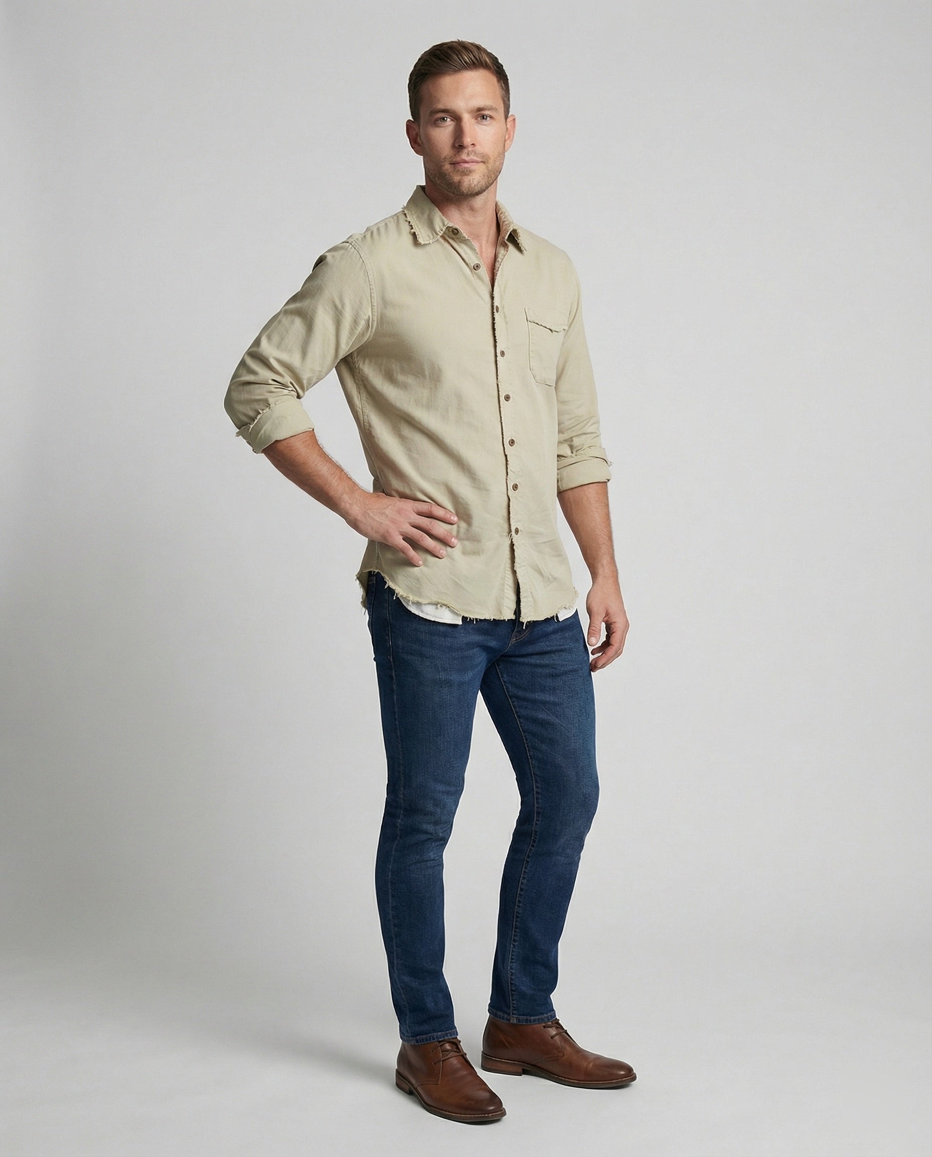 Men's Casual Button-Down Shirt with Asymmetrical Hem