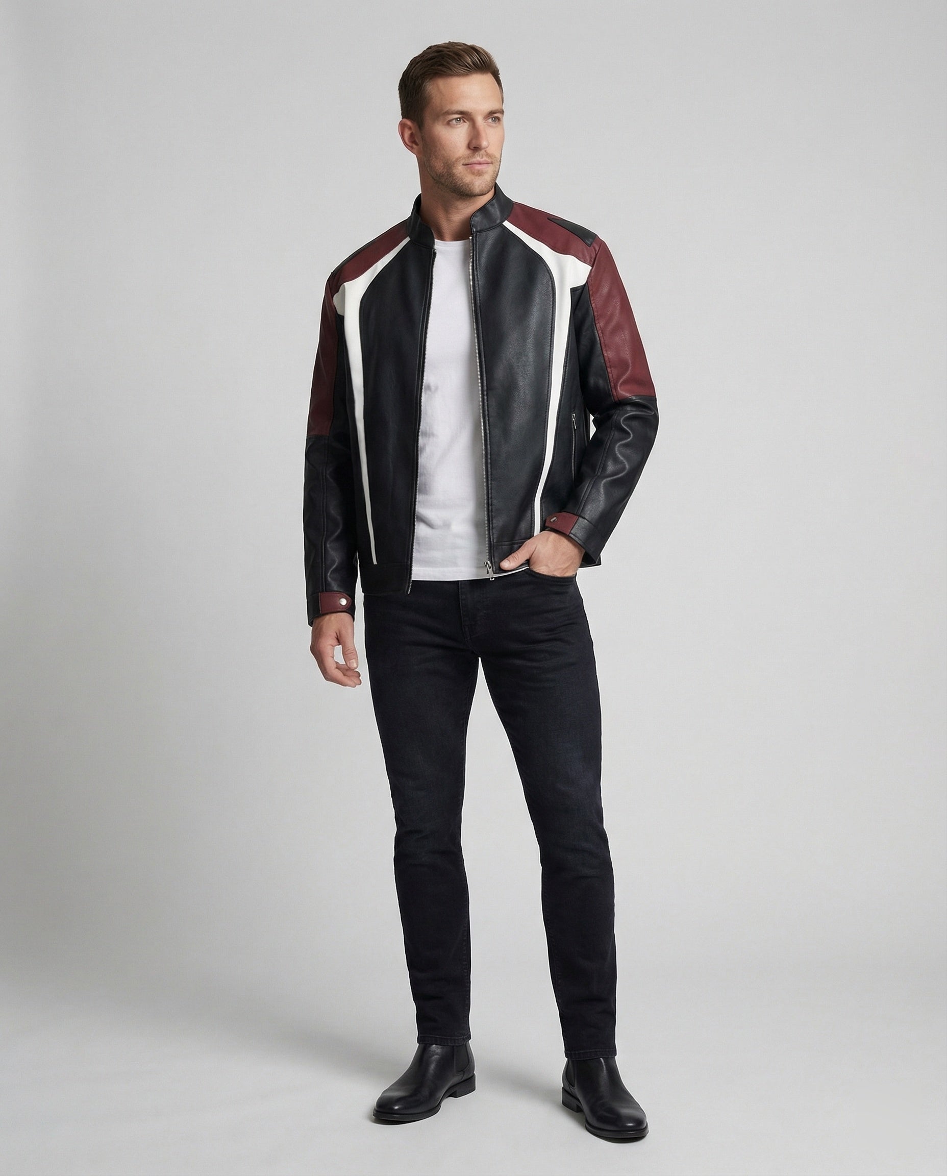 Men's Panel Leather Jacket Stand-up Collar