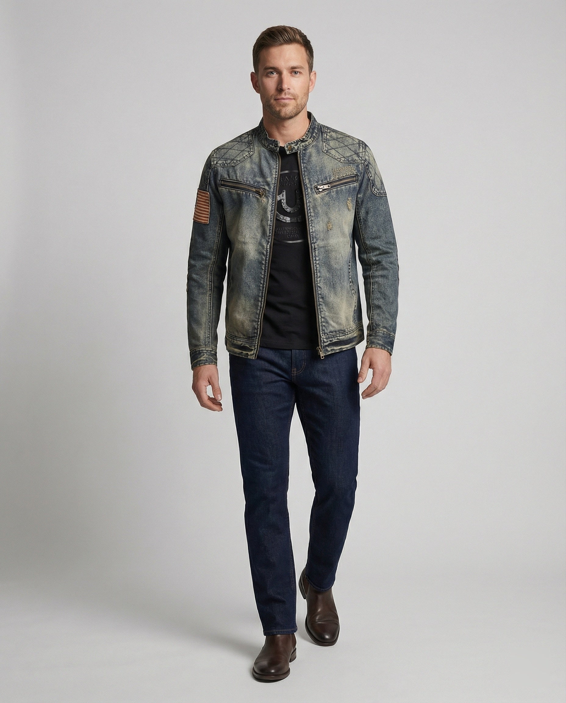 Men's Jeans Jacket Biker Style Stand-up Collar
