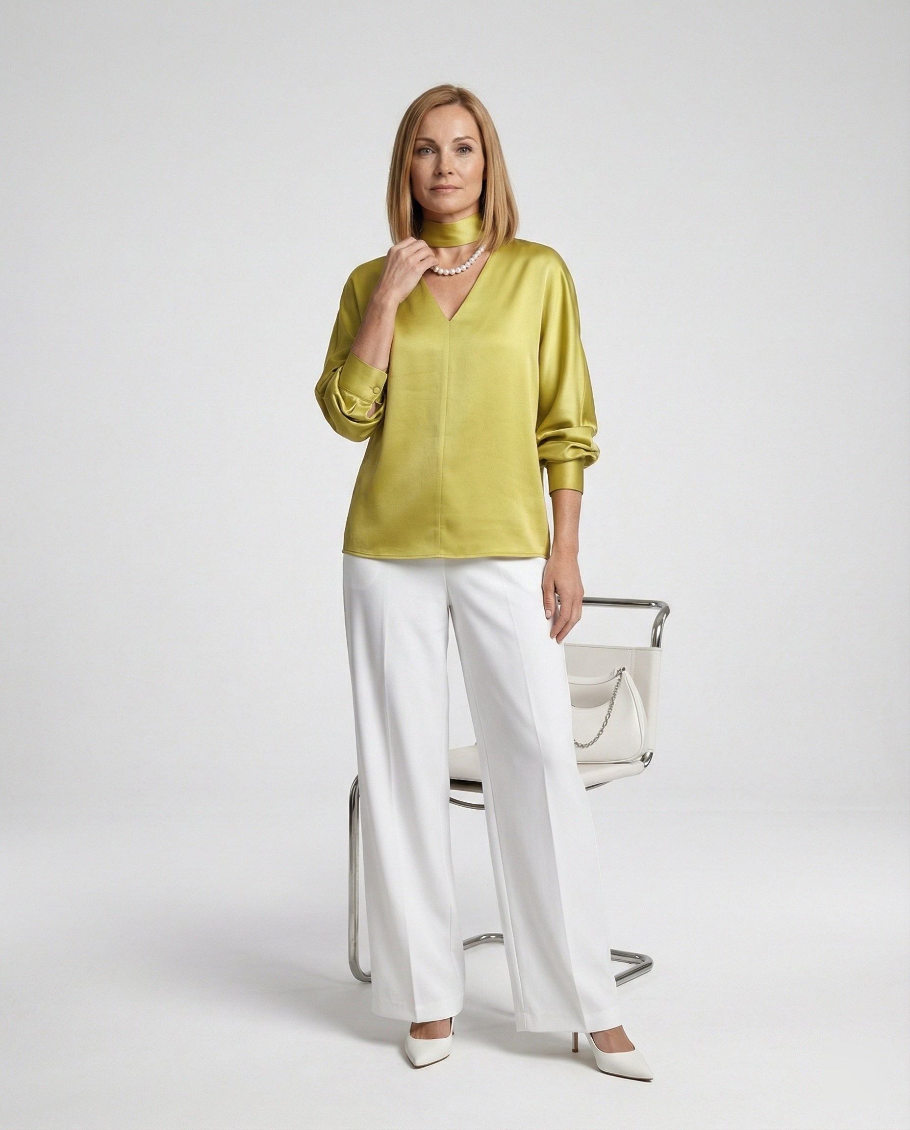Women's satin blouse elegant with stand-up collar