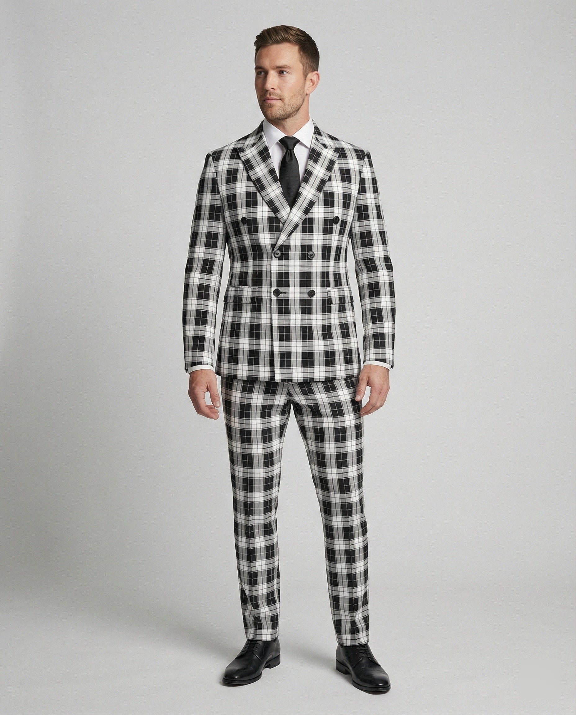 Men's Suit Set Checked Double-Breasted