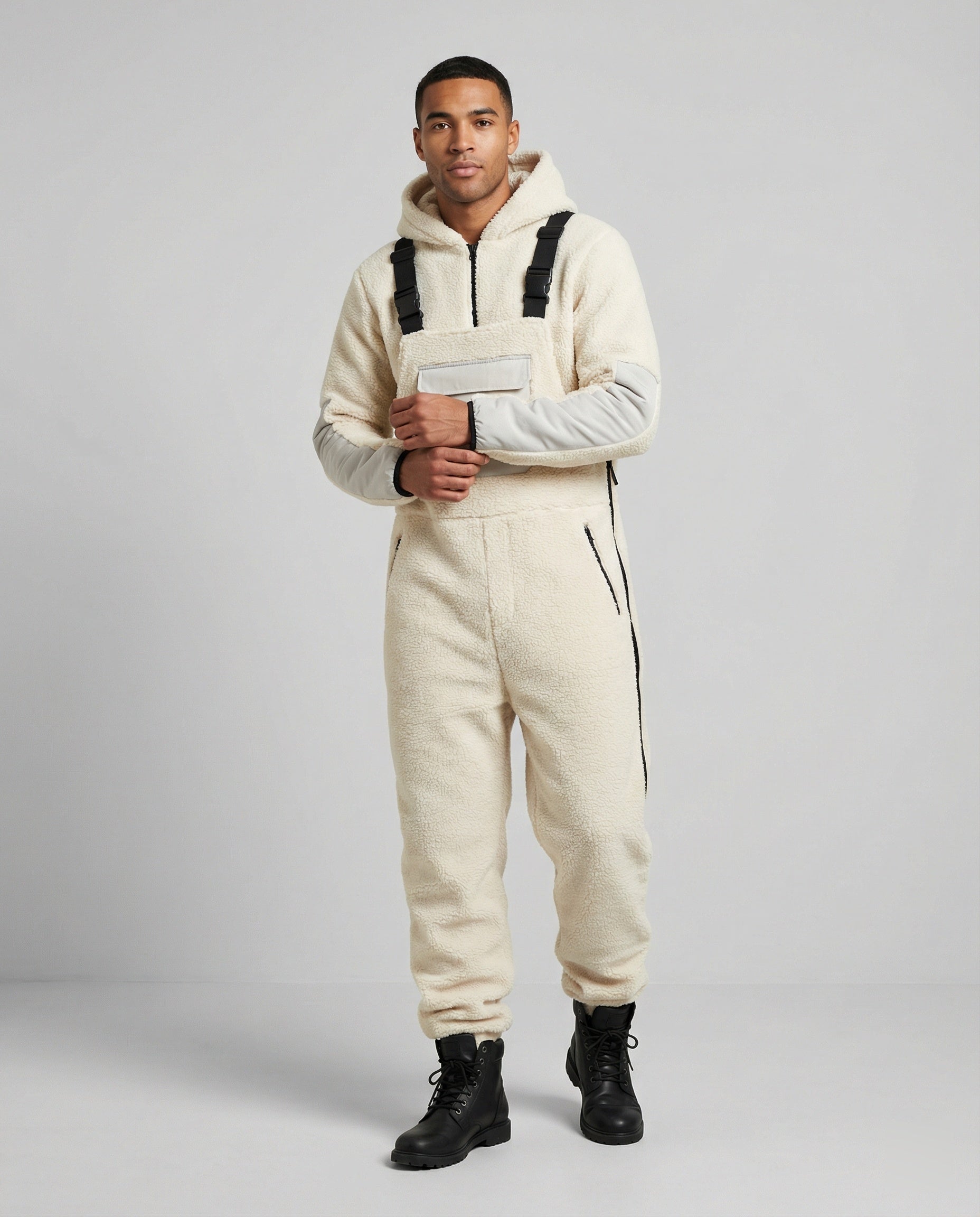 Men's Comfortable Padded Jumpsuit with Hood and Adjustable Straps