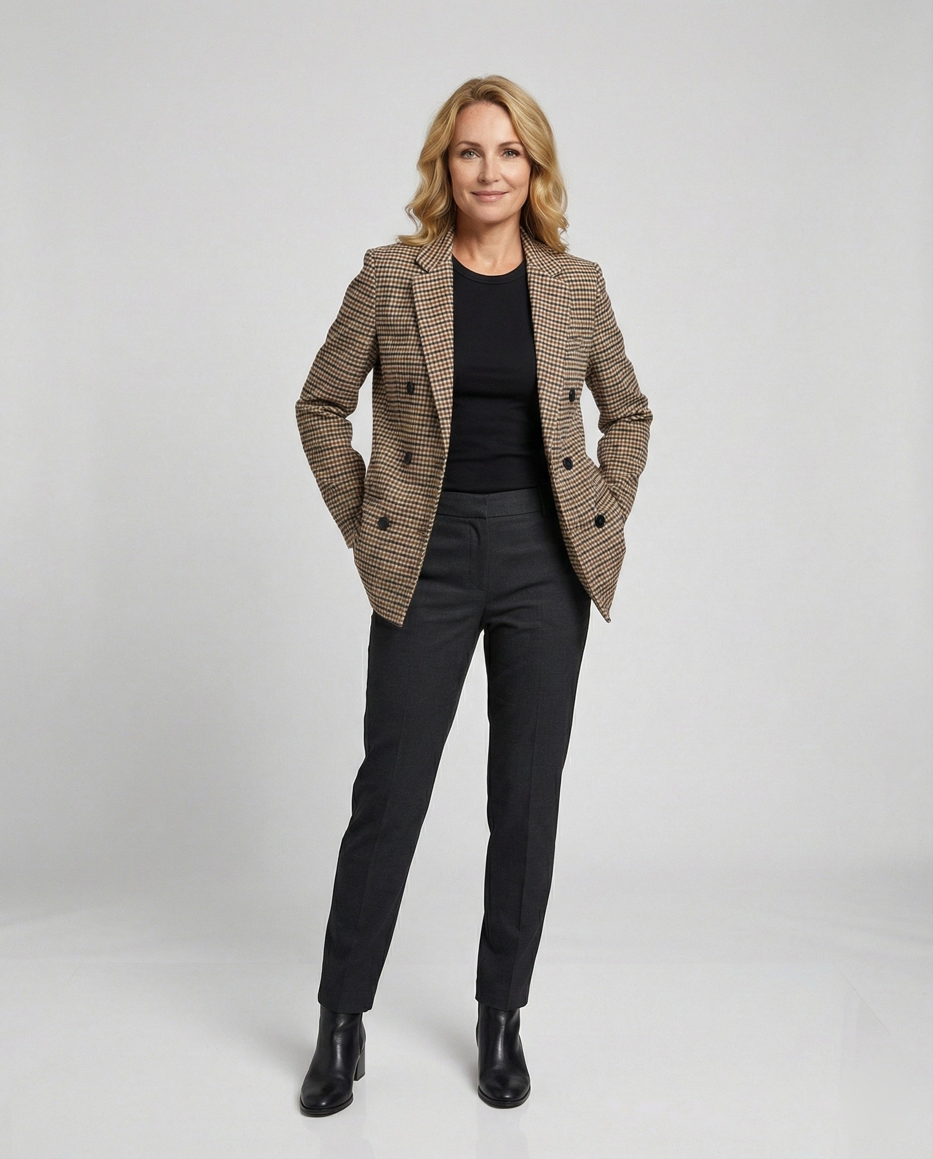 Women's checked blazer jacket with double button placket