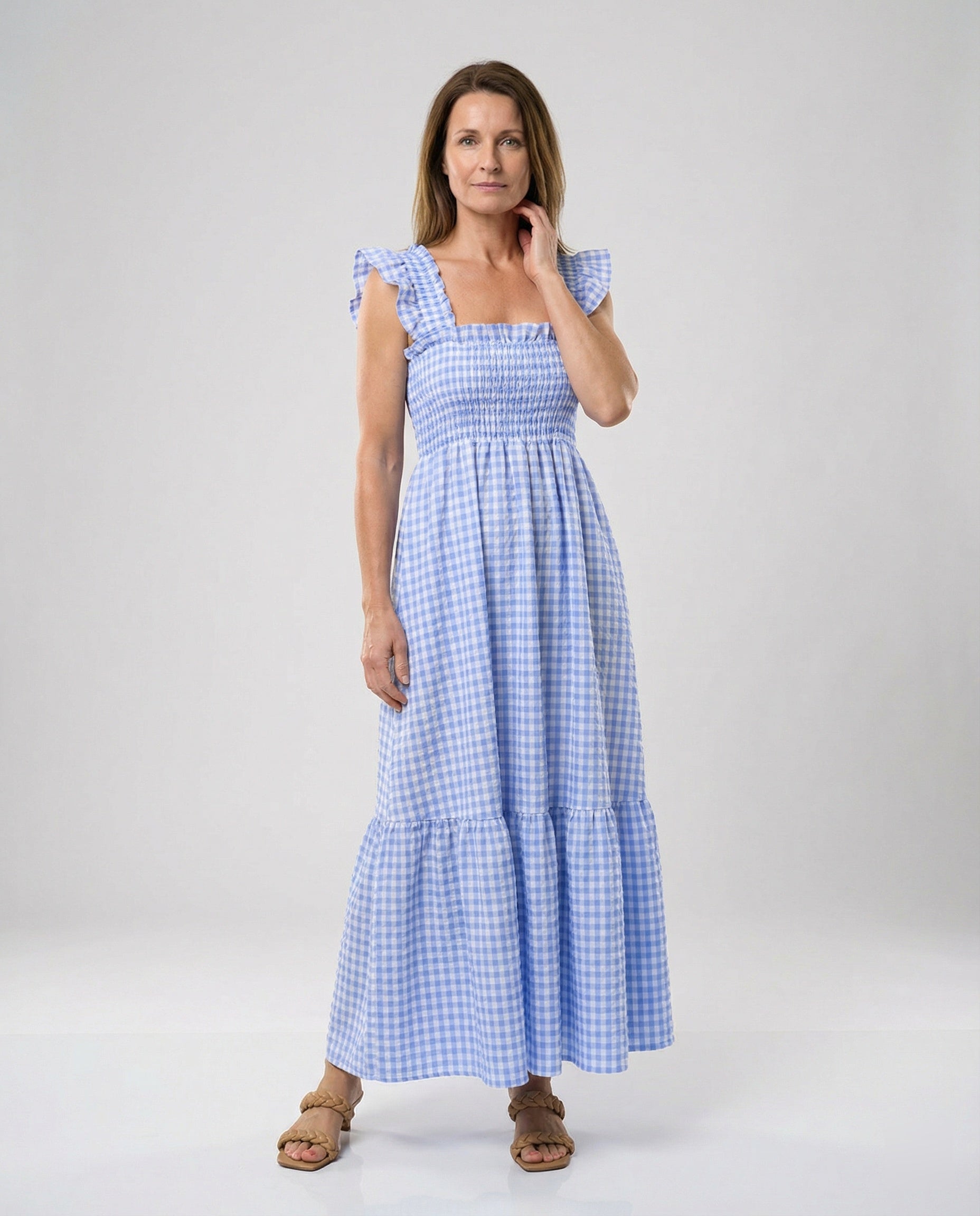 Ladies Vichy Maxi Dress with Smocked Bodice