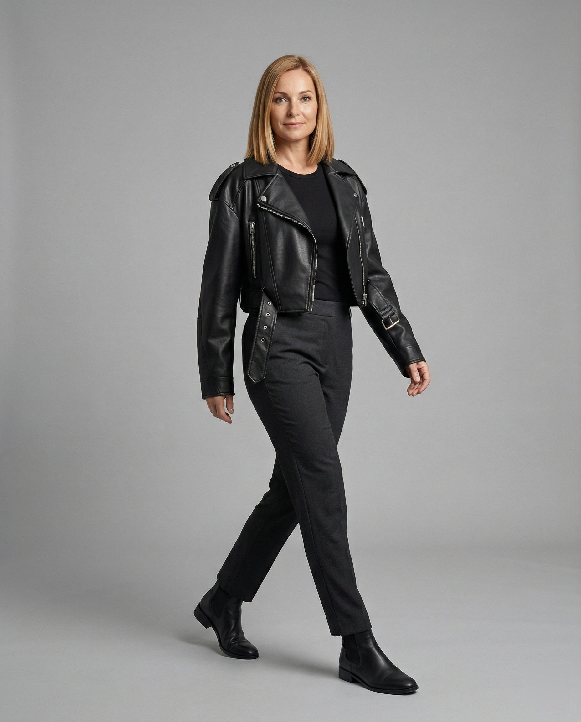 Women's Leather Jacket Black with Belt