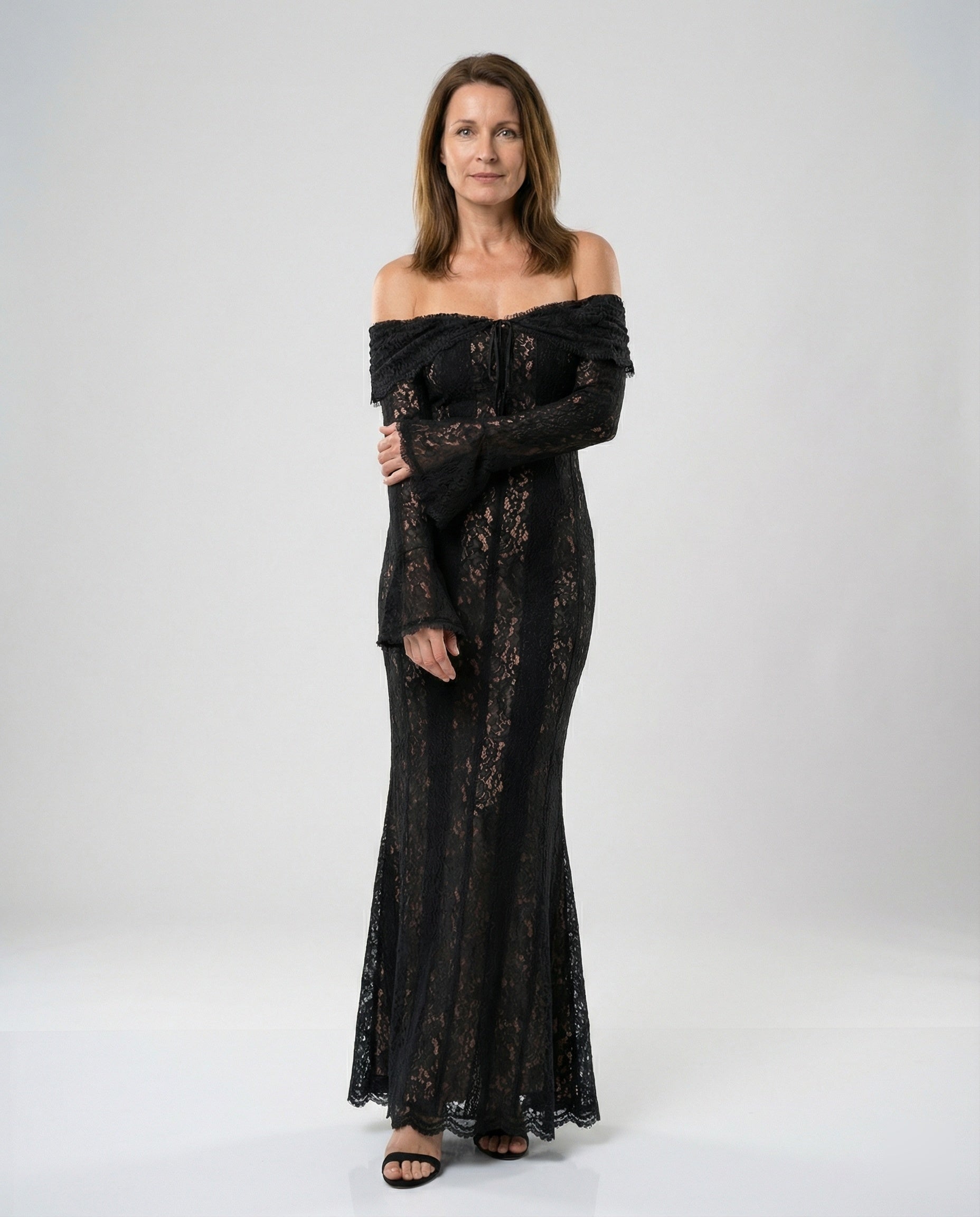 Long Sleeve Evening Dress with Off-Shoulder Lace