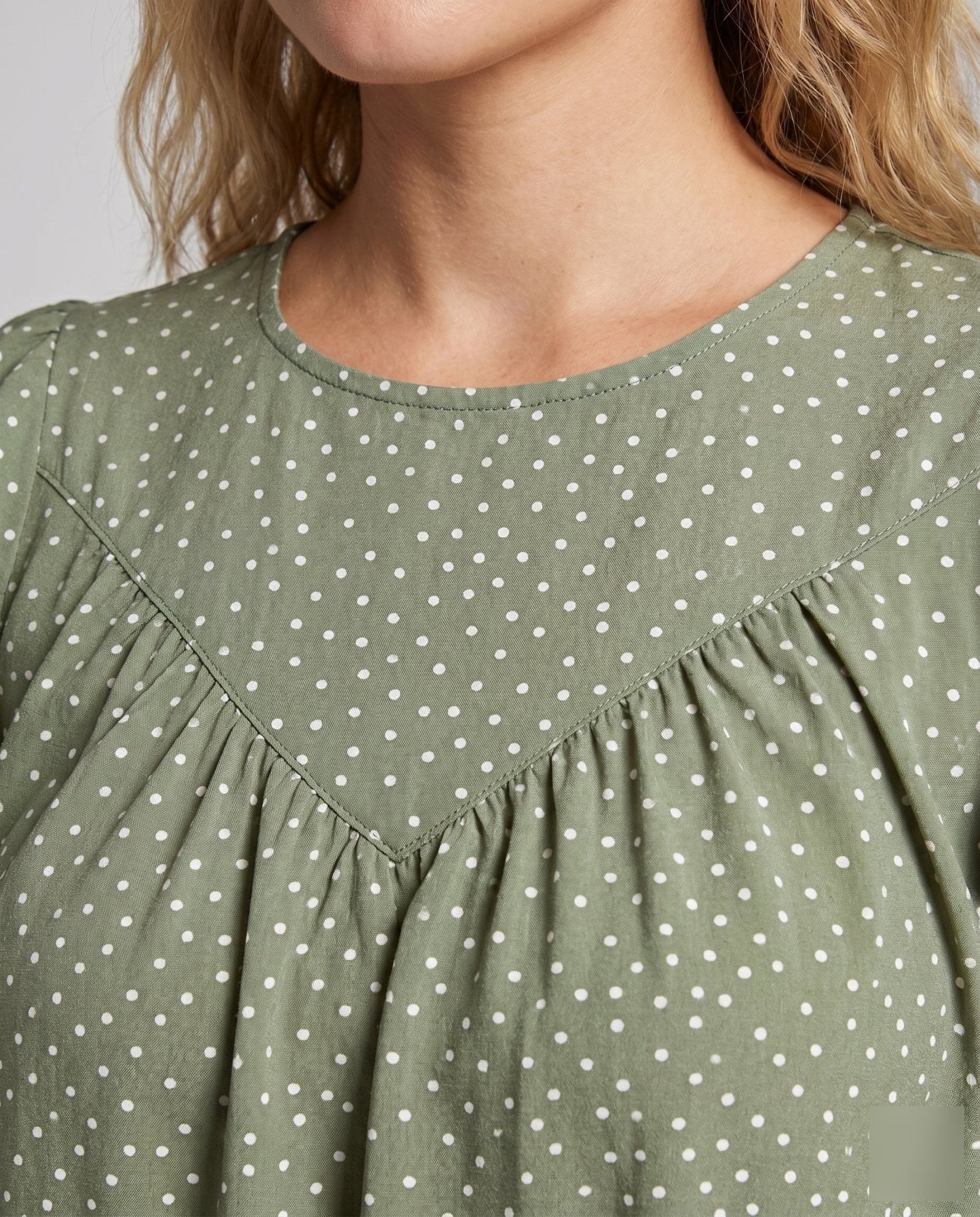 Ladies airy blouse shirt with ruffle details and polka dot pattern - Chichicherry