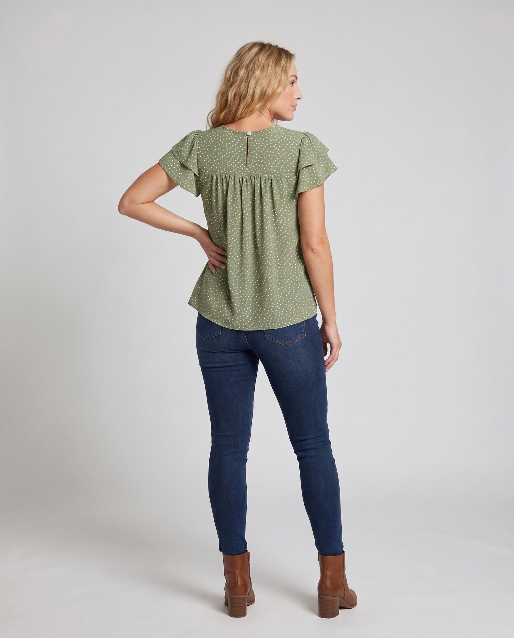 Ladies airy blouse shirt with ruffle details and polka dot pattern - Chichicherry