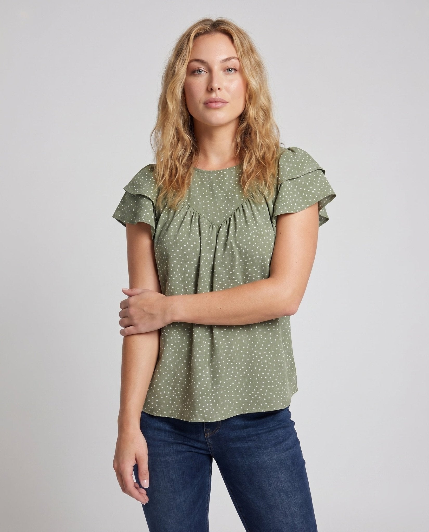 Ladies airy blouse shirt with ruffle details and polka dot pattern - Chichicherry