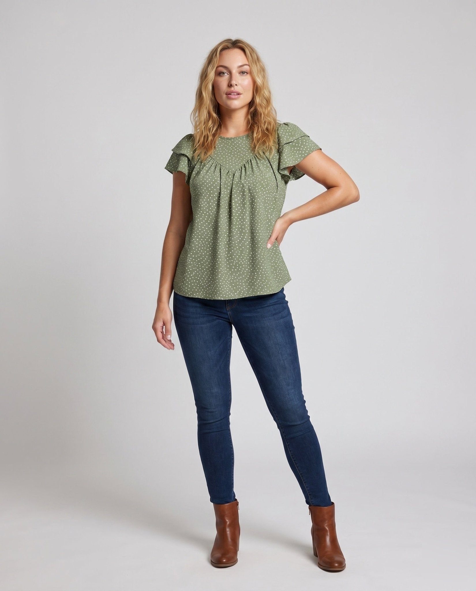 Ladies airy blouse shirt with ruffle details and polka dot pattern - Chichicherry