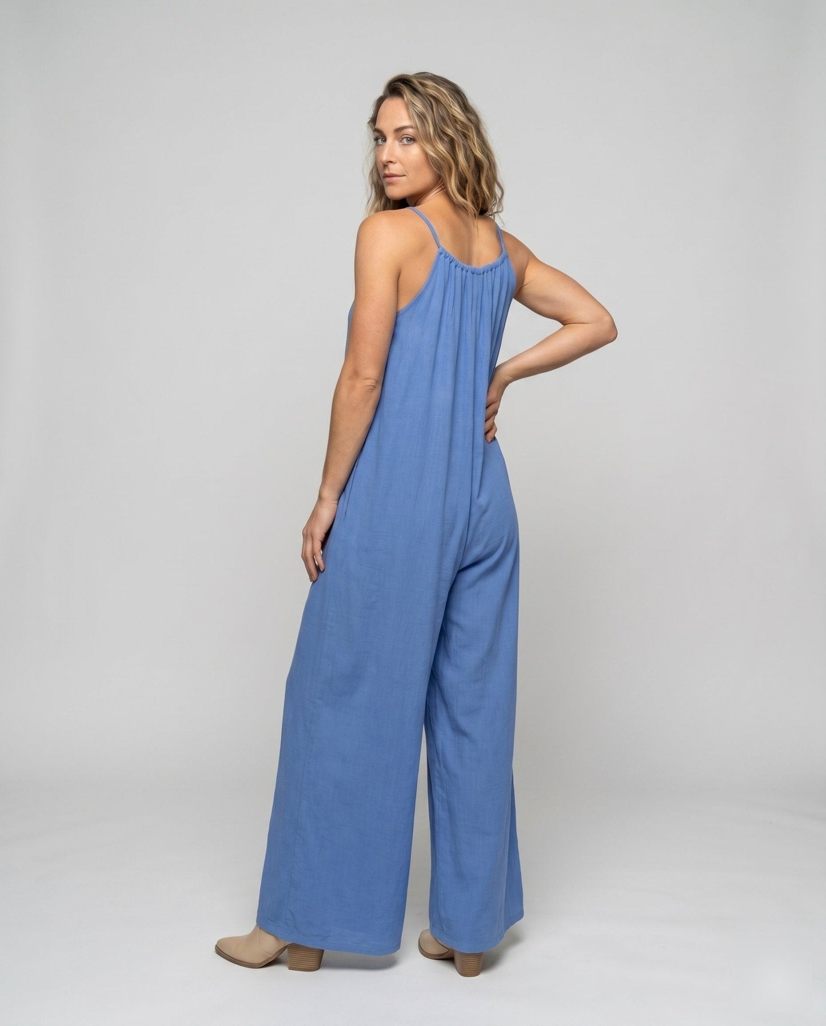Ladies airy jumpsuit with chic bandeau cut and wide leg - Chichicherry