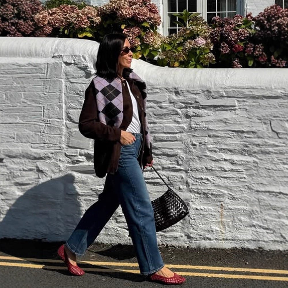 Ladies Argyle Cardigan with Boxy Silhouette and Large Button Placket Chichicherry - Chichicherry