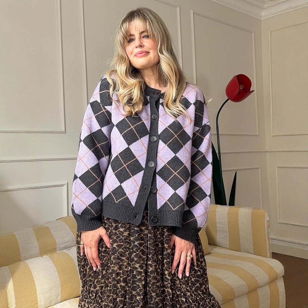 Ladies Argyle Cardigan with Boxy Silhouette and Large Button Placket Chichicherry - Chichicherry