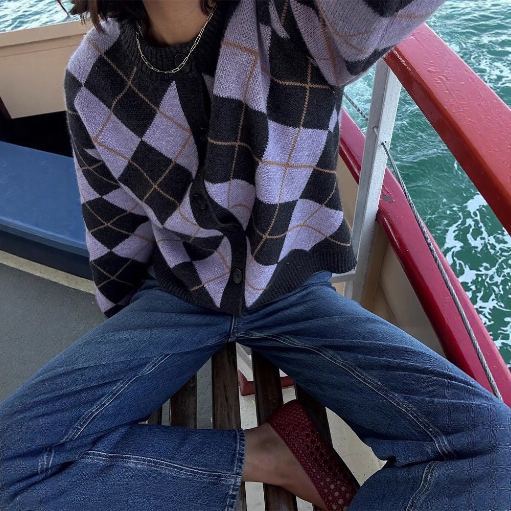 Ladies Argyle Cardigan with Boxy Silhouette and Large Button Placket Chichicherry - Chichicherry