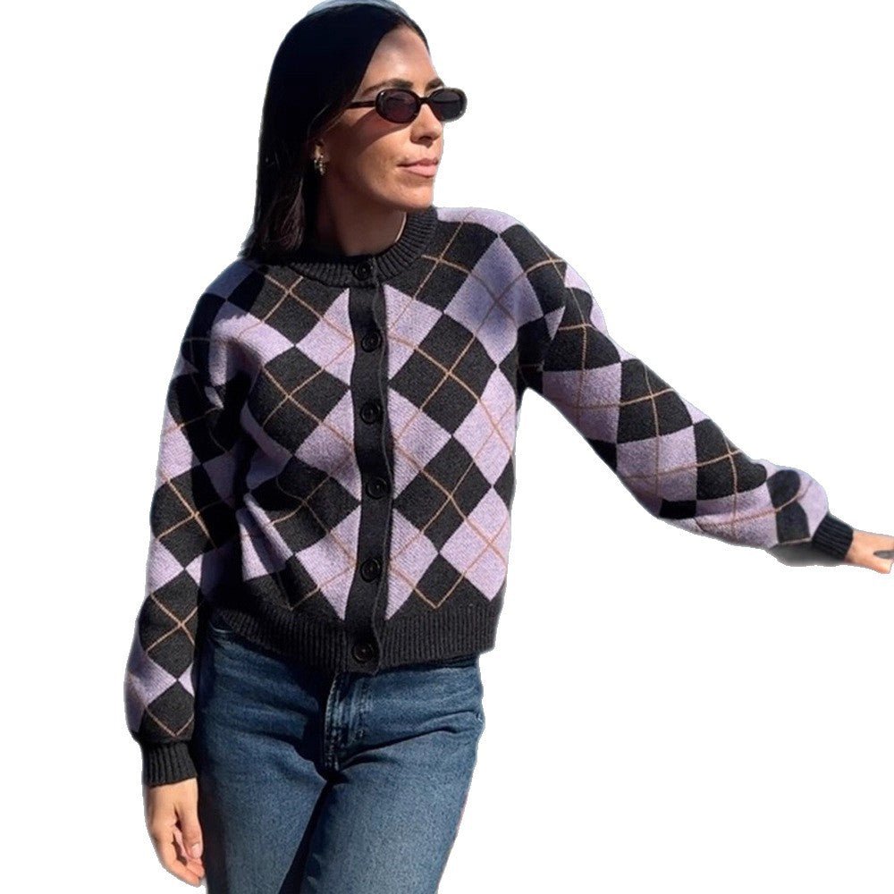 Ladies Argyle Cardigan with Boxy Silhouette and Large Button Placket Chichicherry - Chichicherry