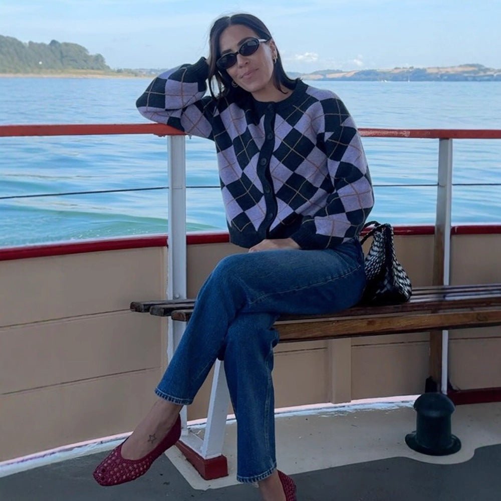Ladies Argyle Cardigan with Boxy Silhouette and Large Button Placket Chichicherry - Chichicherry